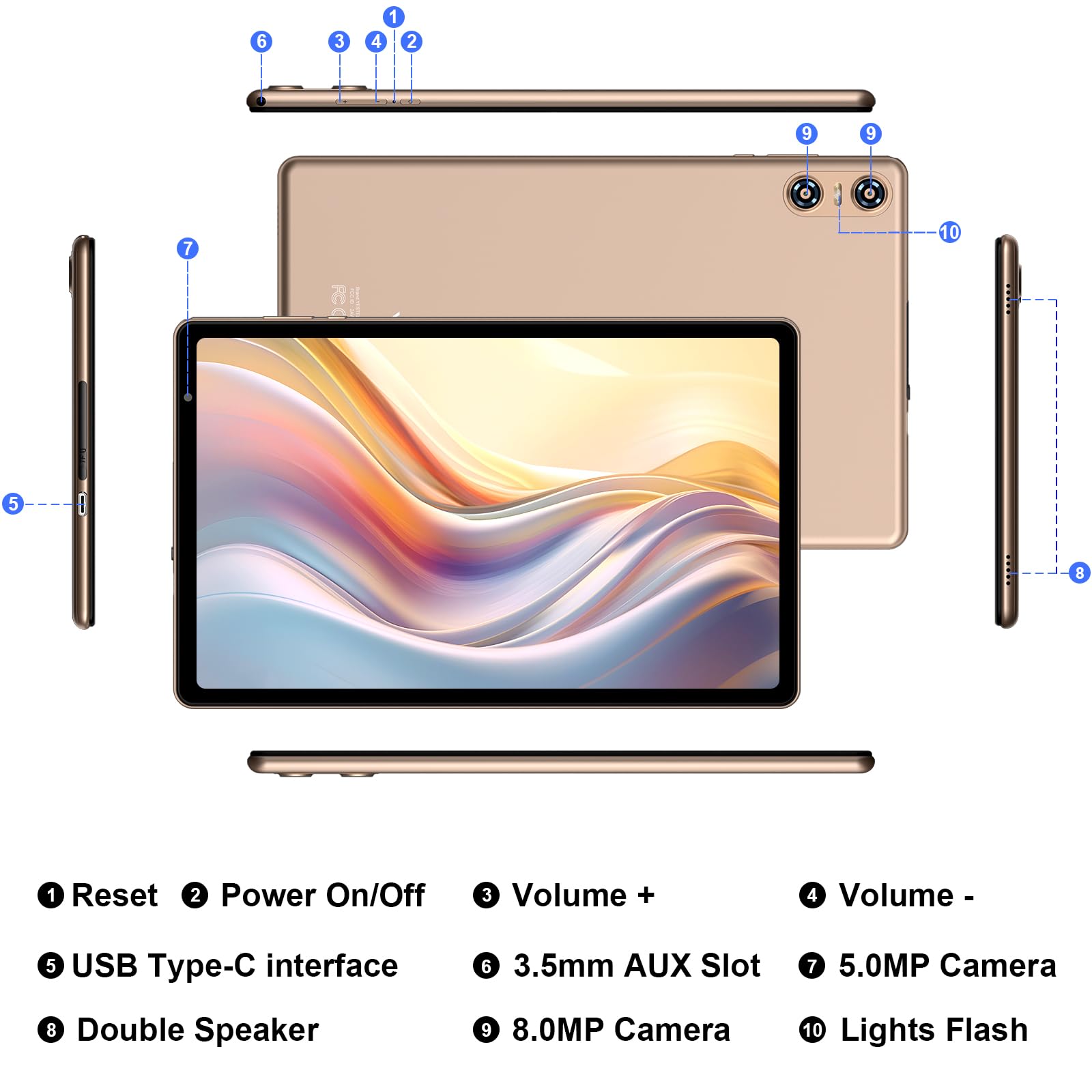 Tablet 10" Android 14 Octa-Core,20 GB RAM+128 GB ROM (TF 512 GB),5G WIFI 6丨6000mAh丨5MP+8MP丨Bluetooth5.0丨1280 * 800, Tablet with Klawiatura Mysz Złoto