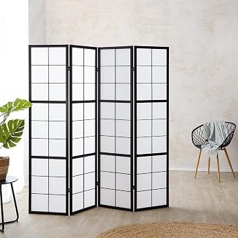 Homestyle4u 282 Paravent Room Divider Indoor 4 Pieces Wood Black Divider Rice Paper White Height 175 cm