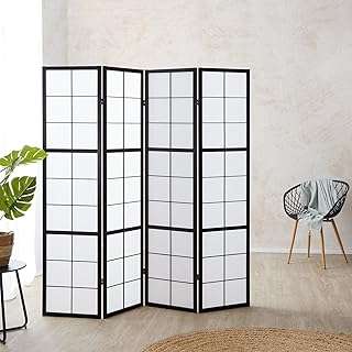 Homestyle4u 282, Paravent Raumteiler Innen 4 teilig Holz Schwarz Trennwand Reispapier Weiß Höhe 175 cm