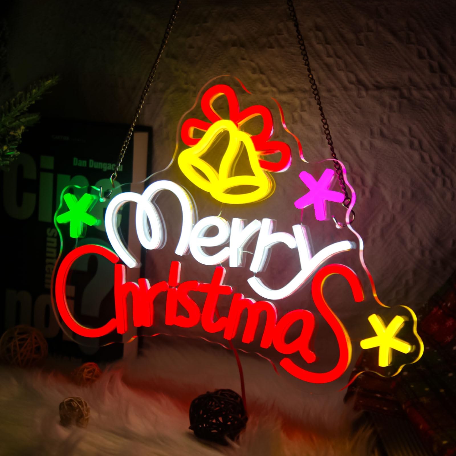 Letrero de neón de Navidad regulable con campanas de Navidad, letrero de luz LED de neón para fiesta, hogar, puerta de tienda, ventana, bar, vacaciones, festival, decoración de pared, regalo