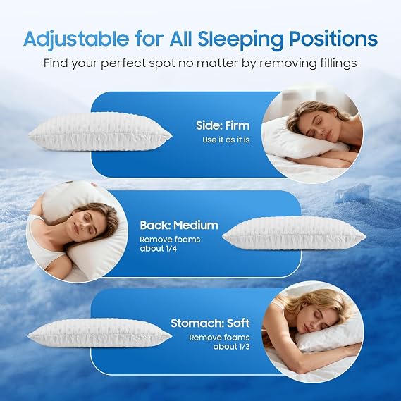 Luxury Shredded Memory Foam Pillows 2 Pack Cooling Pillow For Hot Sleepers, Adjustable Memory Foam Bed Pillow,Medium Firm Side Sleeper Pillow for Side Back Stomach Sleepers Pillow