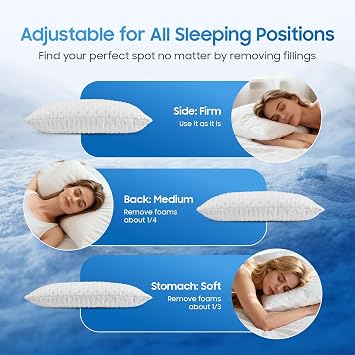 Luxury Shredded Memory Foam Pillows 2 Pack Cooling Pillow For Hot Sleepers, Adjustable Memory Foam Bed Pillow,Medium Firm Side Sleeper Pillow for Side Back Stomach Sleepers Pillow