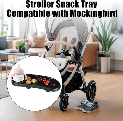 Miniatura 5 de Bandeja de aperitivos para cochecito compatible con Mockingbird, bandeja negra ajustable para cochecito con portavasos y soporte para teléfono para