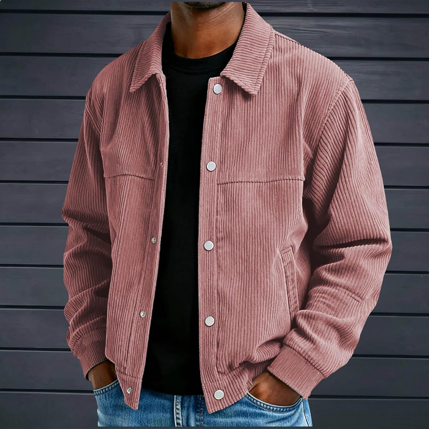 Men's Corduroy Coats Lapel Collar Long Sleeve Work Jacket