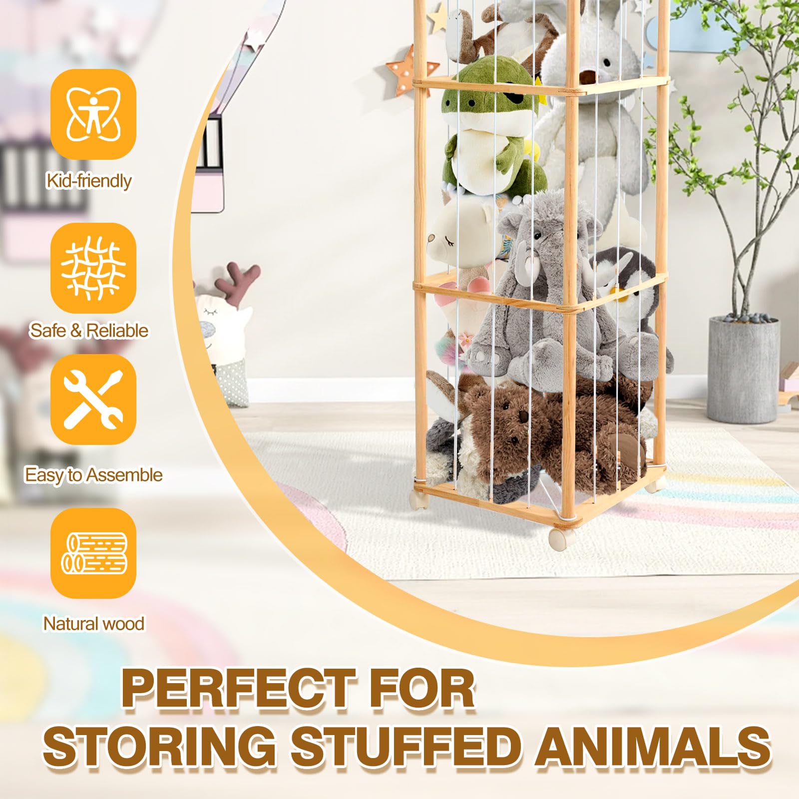 Contenitore per animali di peluche con ruote, grande scaffale in legno massello con 3 livelli e freni, per cameretta dei bambini e sala giochi