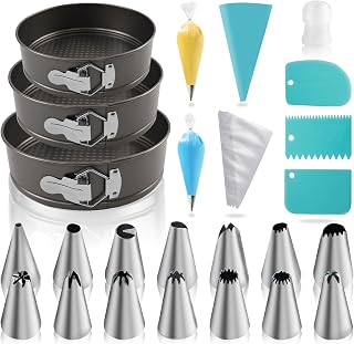 Yumatouch 122PCS Nonstick Springform Cake Pans Set 7/8/9 Inch with 100 Piping Bags, 16 Nozzles, 3 Scrapers for Cheesecake Baking