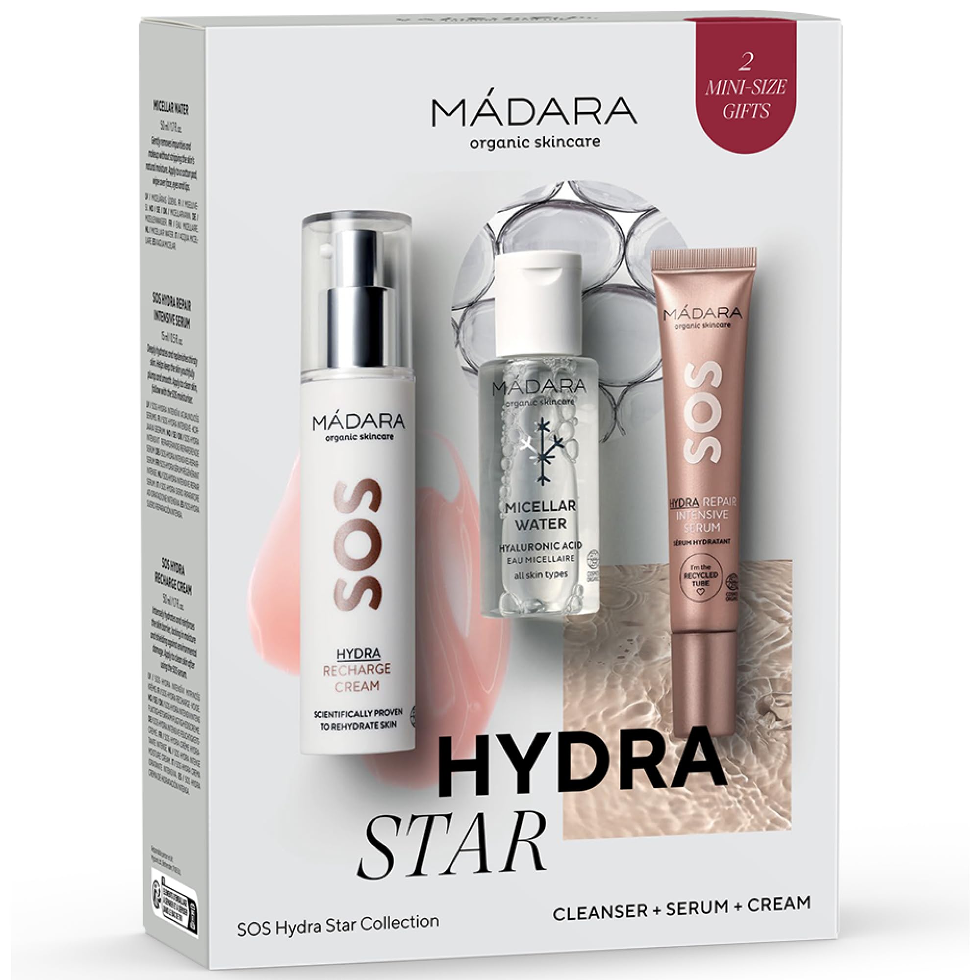 MÁDARA SOS HYDRA Star Collection Set – 3-teiliges Hautpflege Geschenkset mit Mizellenwasser 50 ml, Hydra Repair Serum 20 ml & Recharge Cream 50 ml – Feuchtigkeit & Pflege