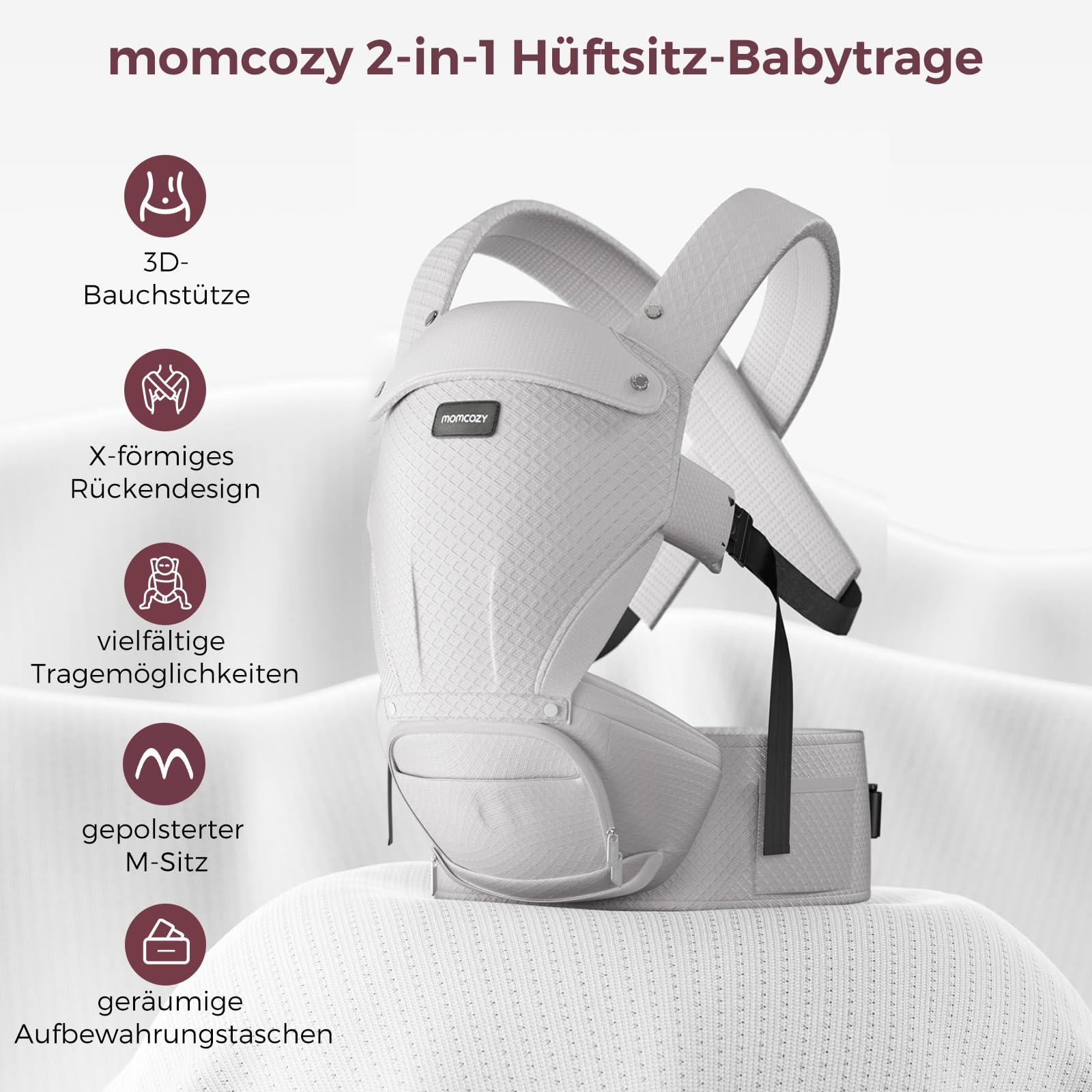 Momcozy Babytrage mit Hüftkissen, 2-in-1 Verstellbare & Abnehmbare Hüfttrage bis 20kg, Atmungsaktive Tragehilfe mit Lendenstütze für Eltern, Leichte Babytrage für Neugeborene, Grau