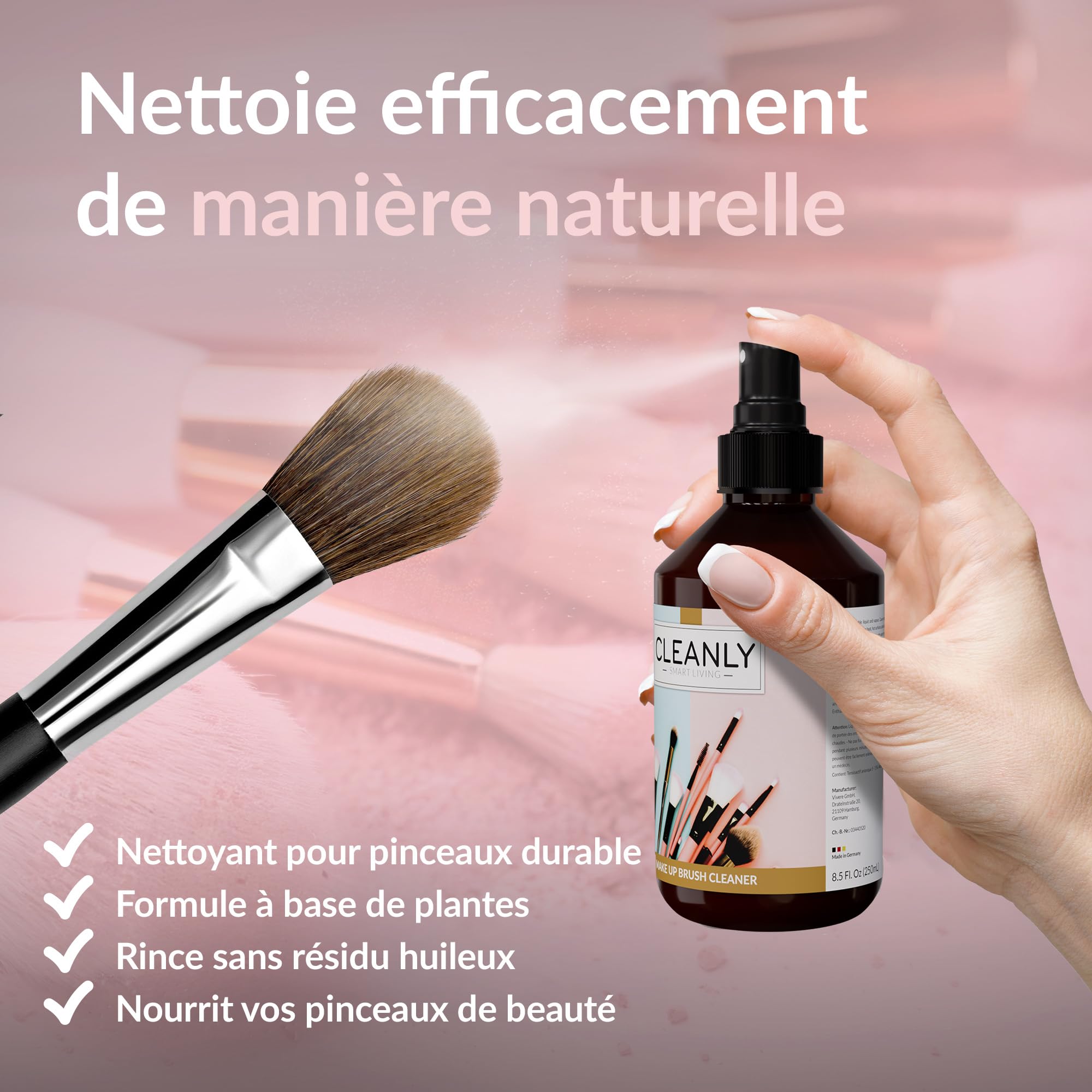 Spray Nettoyant Pinceaux Maquillage, Éponge de Beauté, Houppette à Poudre - Formule Douce, Sans Cruauté, Sans Parfum Ajouté, Vegan - Makeup Brush Cleaner - Nettoyeur Pinceau Maquillage, 250ml