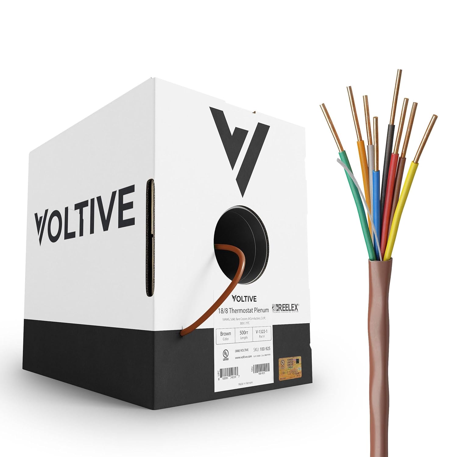 Voltive 18/8 Thermostat Wire, Plenum CL3P, Brown, 500ft - 18AWG, 8 Conductors, Solid Bare Copper, UL Listed - V-1322-1