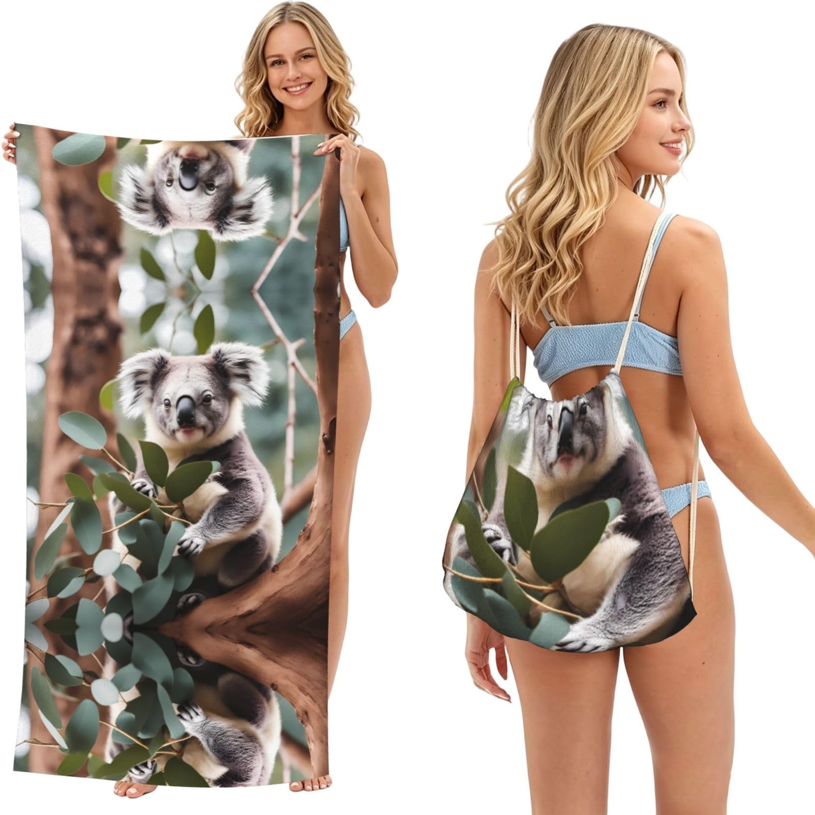 SXZVVBN Cartoon koala 2-in-1 Beach Towel Bag, Quick Dry Sand Free Travel Towel Backpack for Adults