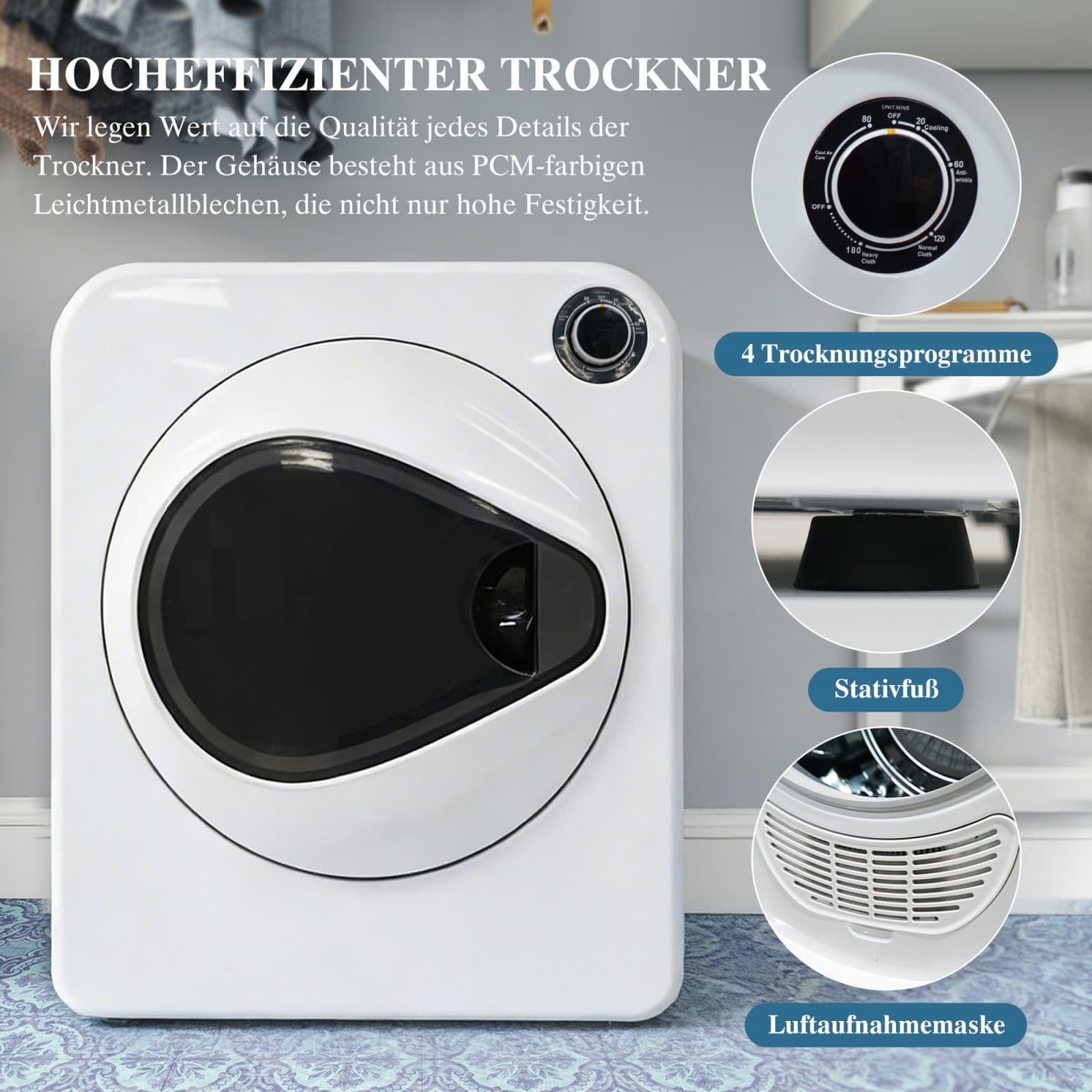 Sèche-linge 4kg PTC céramique tambour inox 4 programmes montage mural compact tumble dryer Blanc