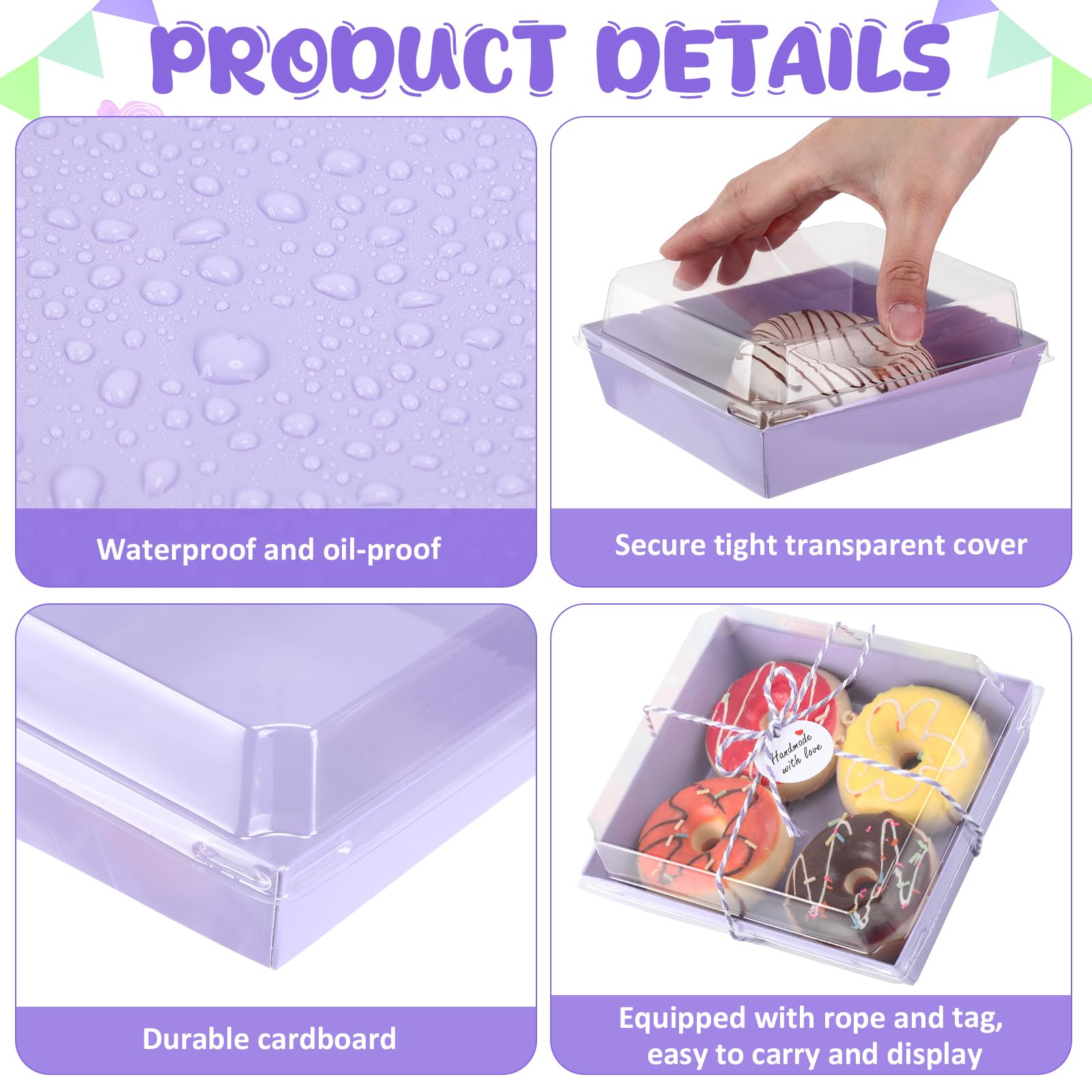 Outus Confezione da 100 scatole per salumi con coperchio trasparente, contenitori in carta per alimenti, da asporto, con etichette regalo, per dessert, torte, panini, fragole (viola, piccole)