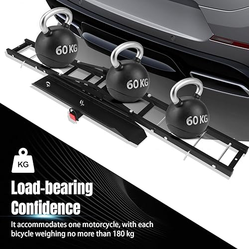 Miniatura 4 de 180kg Capacity Motorcycle Hitch Carrier - Foldable Anti-Tilt SteelAluminum Rear Trailer Rack with Detachable Ramp, Rust-Proof Universal Bicycle