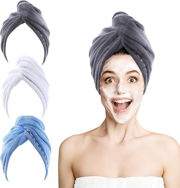 ROSSHINE Microfibre Hair Towel Wrap, 3 Pack Hair Towel Turban 63 x 25 cm, Ultra Absorbent Hair Wrap Towel, Anti Frizz Quick Dry Head Towel Wrap for Women Girl Curly, Wet, Long, Short, Thick Hair