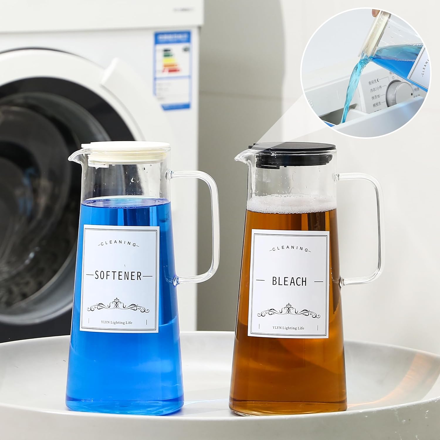 2PCS 50oz Laundry Detergent Dispenser. Glass Liquid Laundry Detergent Dispenser for Bleach,Fabric Softener. Laundry Soap Dispenser for Laundry Room Organization and Storage.