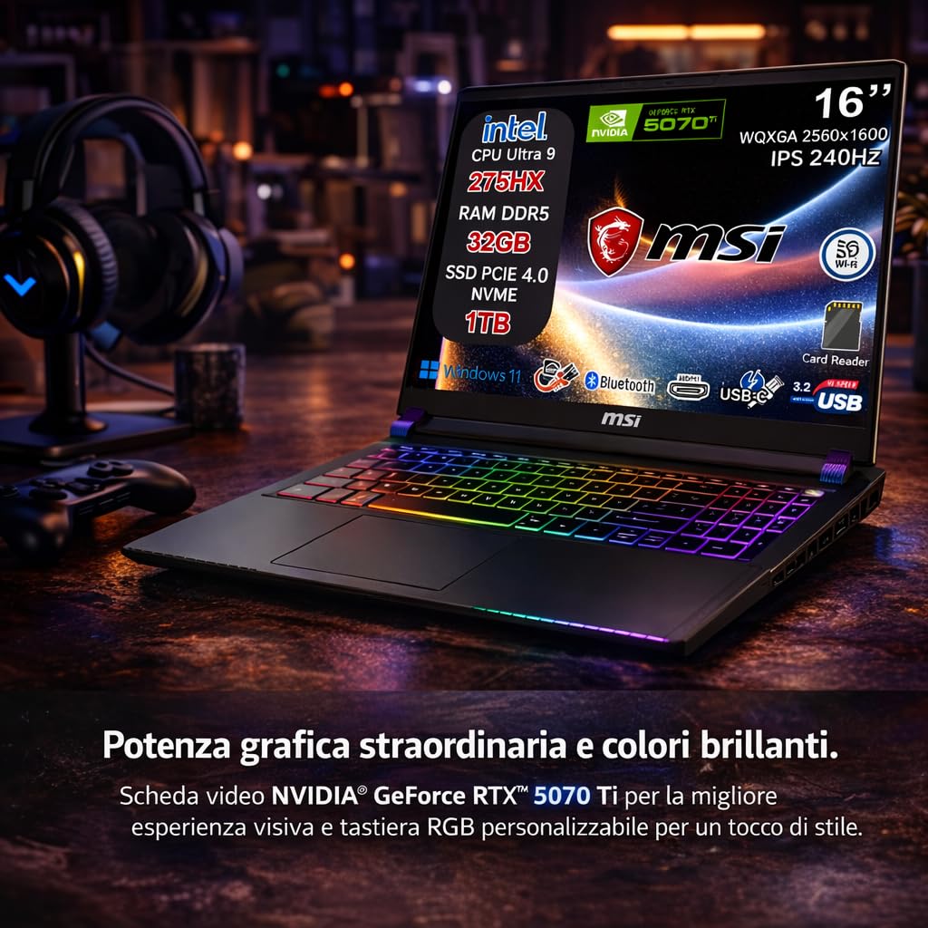 msi Vector 16 HX AI Notebook Gaming Intel Core Ultra 9 275HX, RTX 5070 Ti 12GB GDDR7, 32GB RAM, 1TB SSD, 16" QHD+ IPS 240Hz, Thunderbolt 5, WiFi 7, Tastiera RGB 24 Zone, Windows 11, AI Laptop