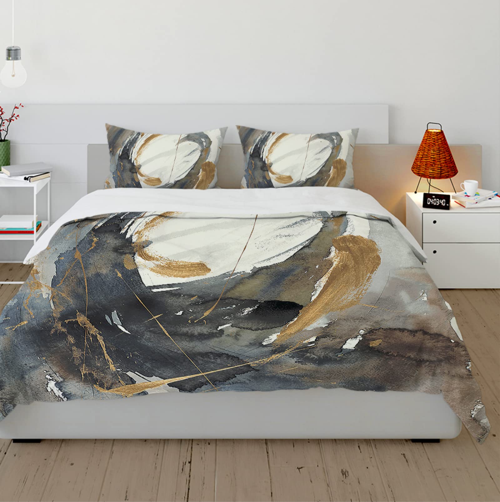 Modern Style 3-częściowy zestaw pościeli z abstrakcyjnym atramentem, tańczący, ultra miękka, szczotkowana pościel z mikrofibry, zestaw pościeli do sypialni z 2 poduszkami Shams 240 x 220 cm