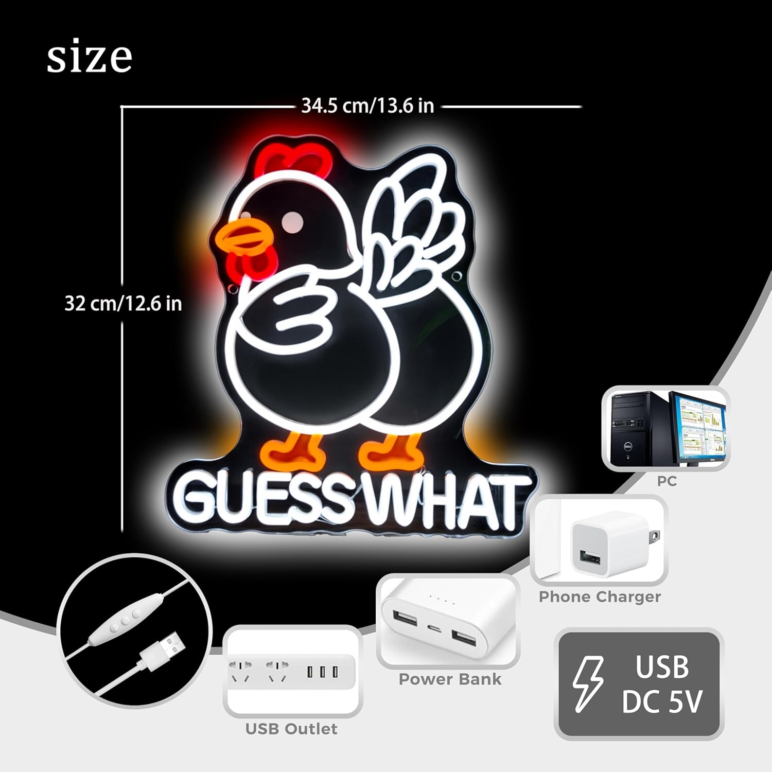 Guess What Chicken Neon Sign, Funny Chicken Meme LED Neon Light, Cute Cartoon Neon Wall Decor for Kids, Bedroom, Playroom, Game Room,12.6×13.6 inch.
