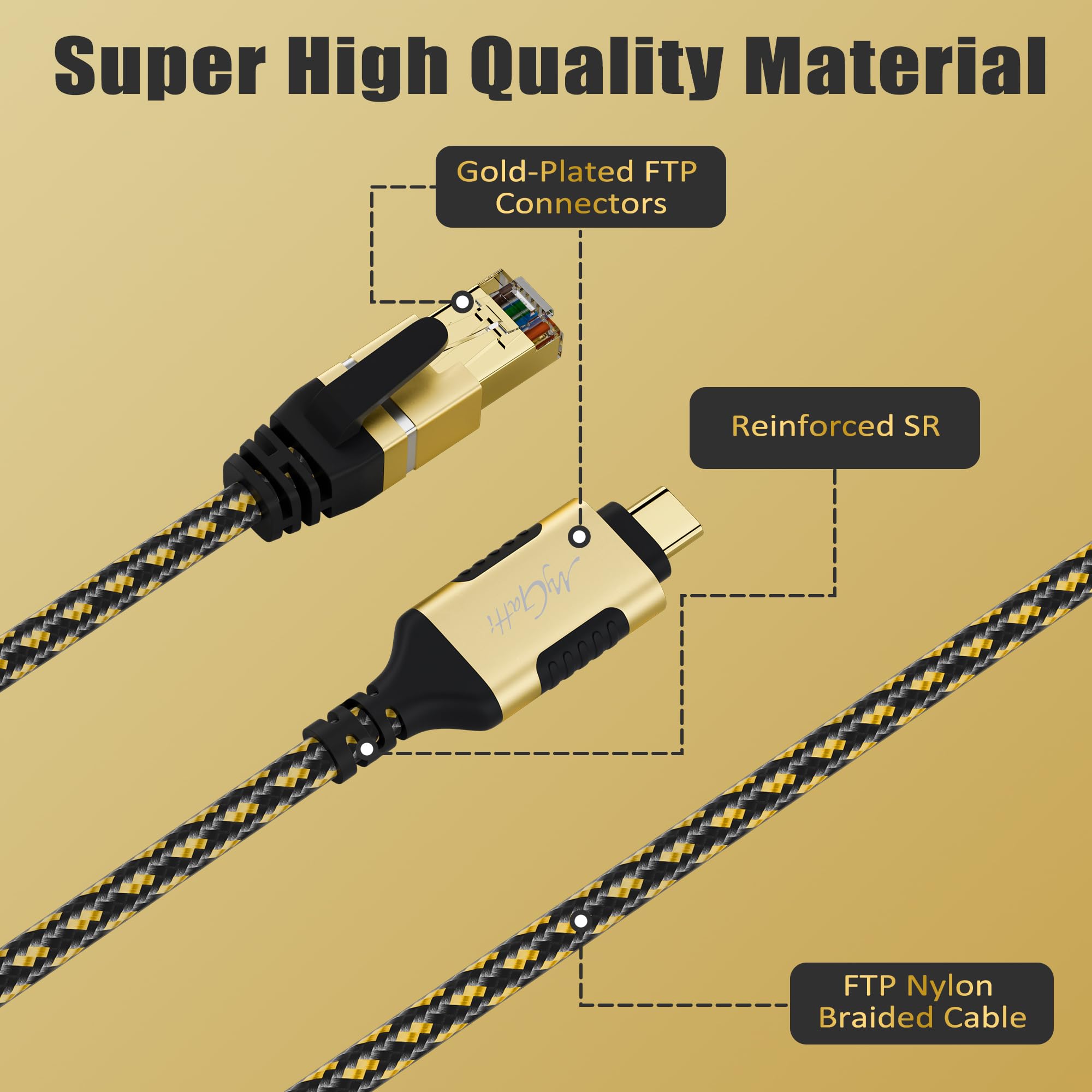 Câble adaptateur USB C vers Ethernet de 30,5 m, câble USB-C vers RJ45, plaqué or, nylon tressé, réseau LAN Gigabit vers câble USB C, pour MacBook Pro/Air, iPad Pro, iPhone 15, Galaxy S24 et plus
