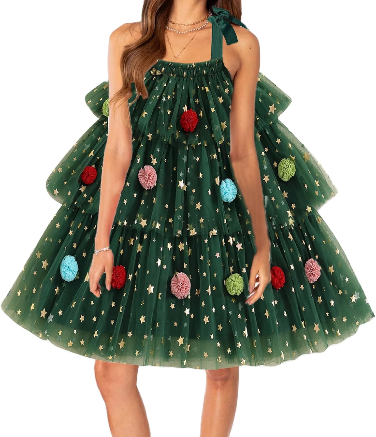Women Christmas Tree Dress Sleeveless Sequin Layered Tulle Tutu Green Dress Christmas Xmas Tree Costume