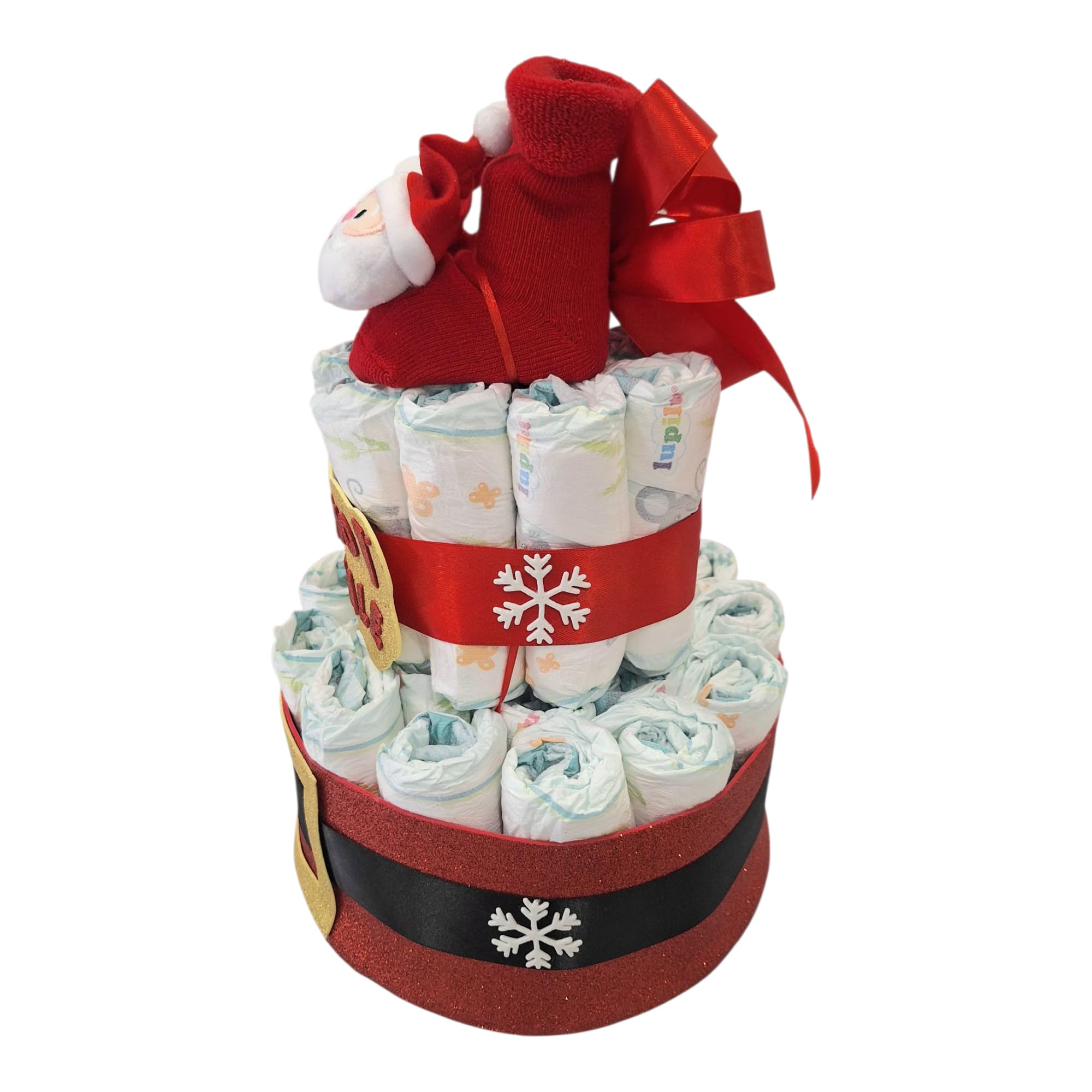 MC® Torta di Pannolini Natalizia, 32 Pannolini, Calzini Antiscivolo, Design Natalizio con Fiocco Rosso e Fiocchi di Neve,MC Composizioni 32cm x 23cm