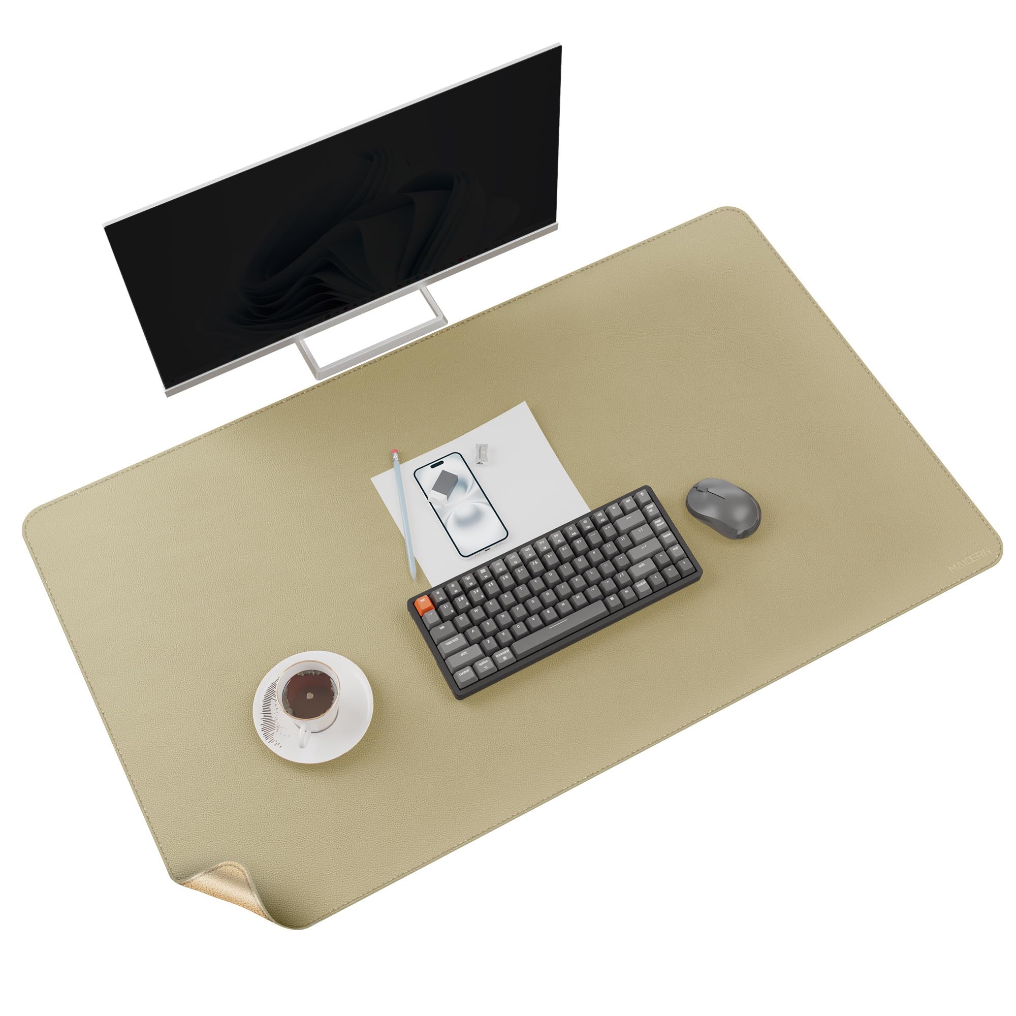 MAIDERN Schreibtischunterlage Kork & Leder 100 x 60cm, Doppelseitiges Groß Mauspad xxl, Wasserdichte Schreibunterlage papier, Büro und Zuhause Tischunterlage (Goldene)