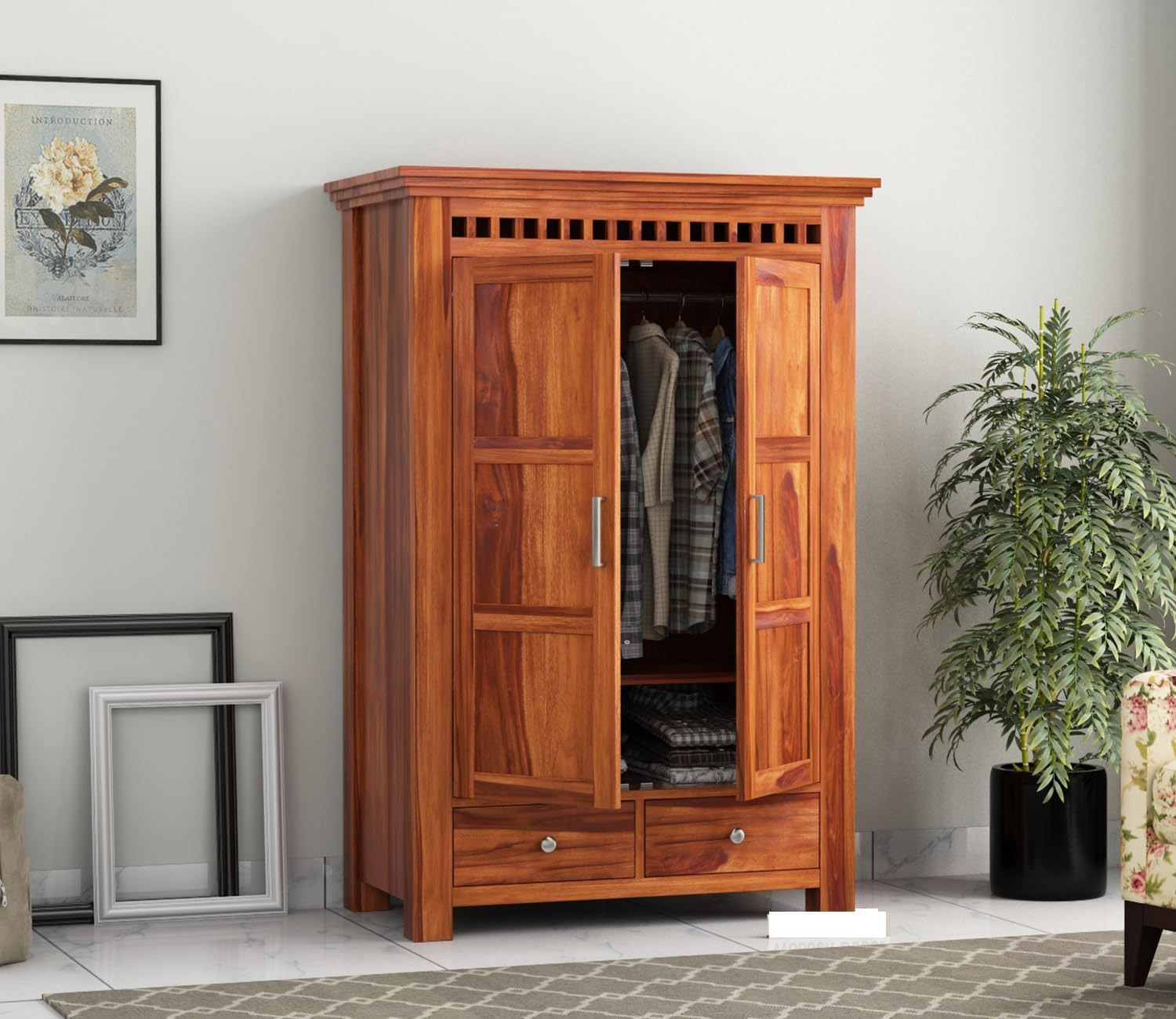 THE HOME HEAVEN INTERIOR Wooden Wardrobe for Clothes | Solid Wood 2-Door Wardrobe & 2 Shelves Storage | Solid Wood Large Cupboard Almirah: Storage Cabinet for Your Living Room (Teak)-image-45