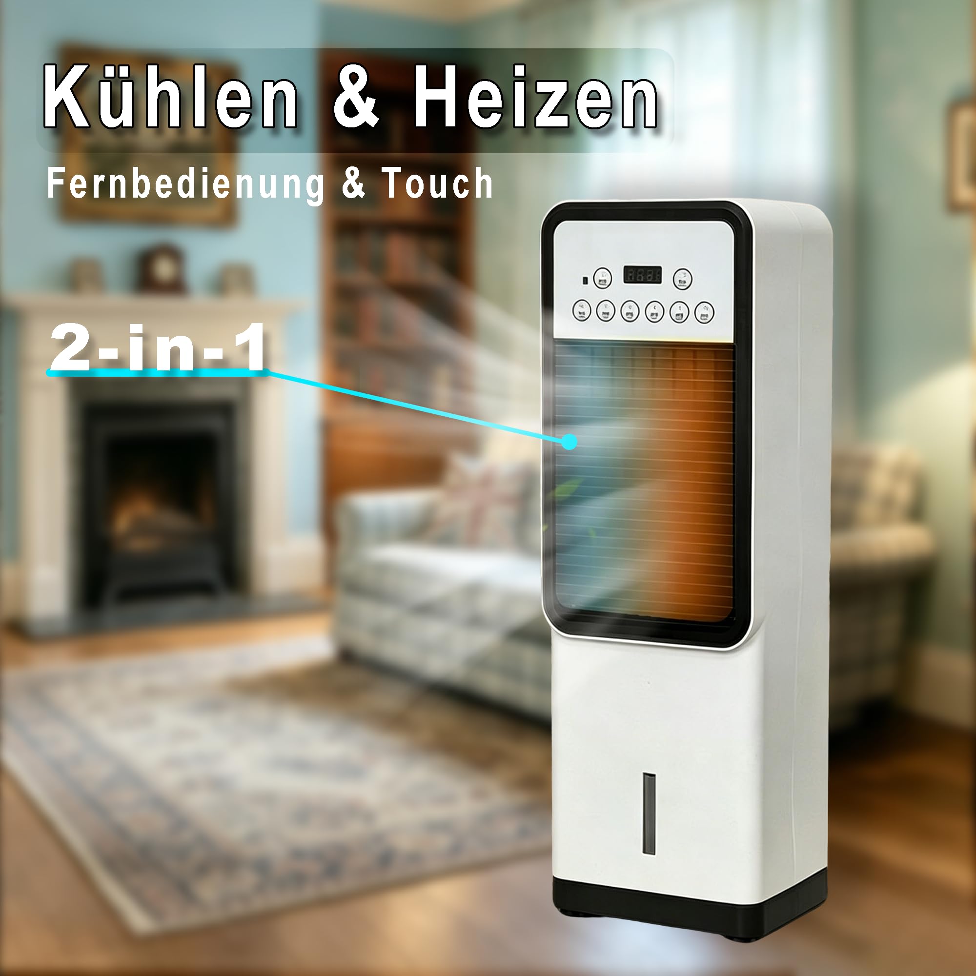 MOZIMO 4-in-1 Kalt-/Warmluft-Ventilator mit Wasserkühlung | Leiser Turmventilator & Raumkühlgerät mit Fernbedienung | Oszillation & 7-Stunden-Timer | Für alle Jahreszeiten geeignet