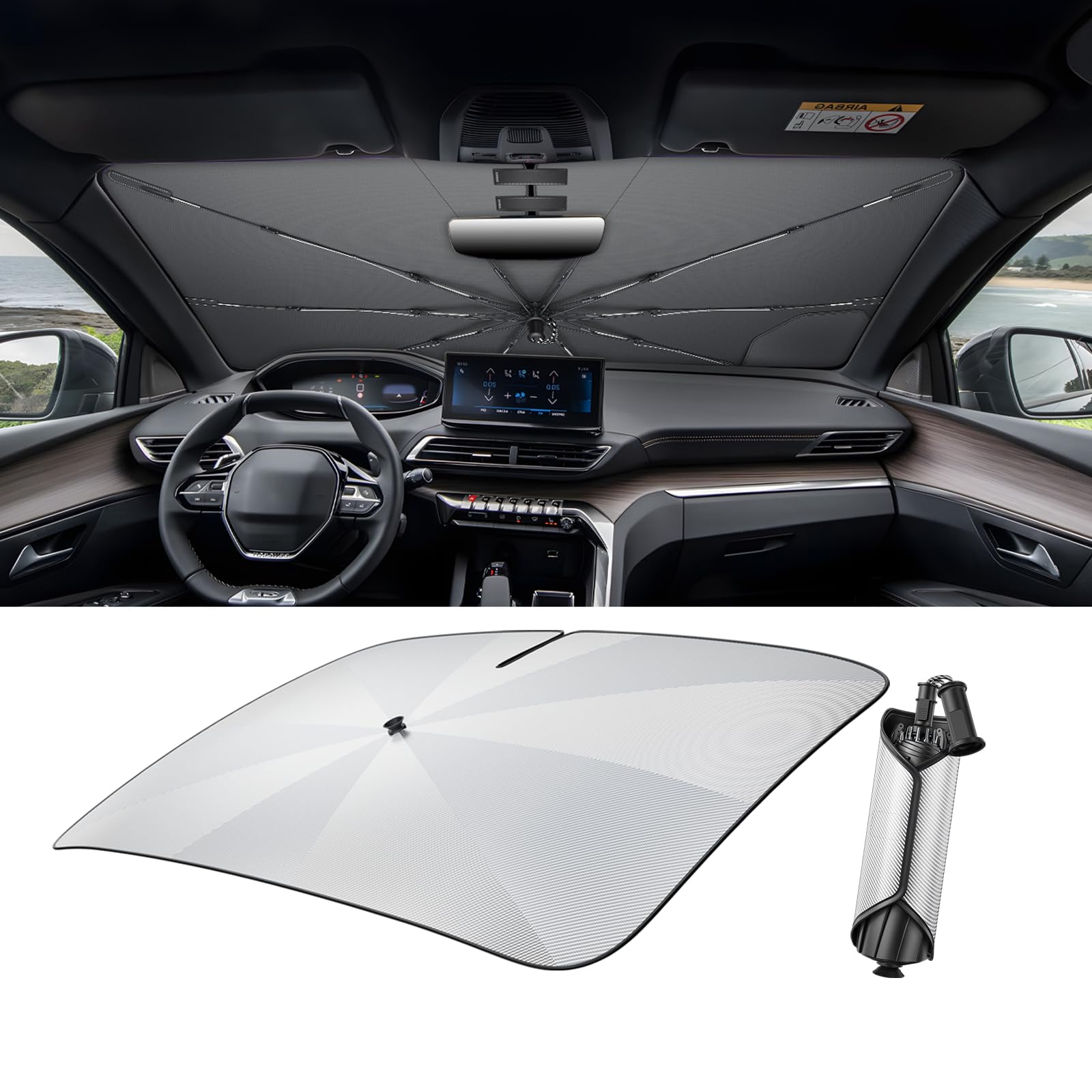 LUWU [Aggiornato] Ombrello Parasole Auto Compatibile con Peugeot 3008 2016-2024 Parabrezza Parasole Auto ad Ombrello Pieghevole per Parabrezza Anteriore Interno 3008 Accessori