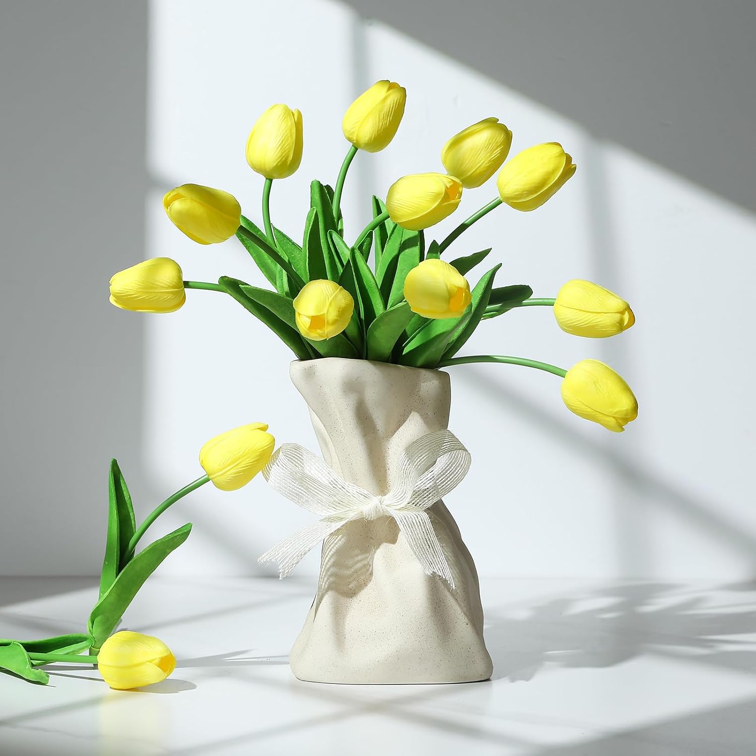 Yellow Fake Tulips Artificial Flowers - 24 Pcs Artificial Silk Yellow Tulips Faux Flowers with Stems for Home Wedding Hotel Office Centerpiece Decor - Image 3