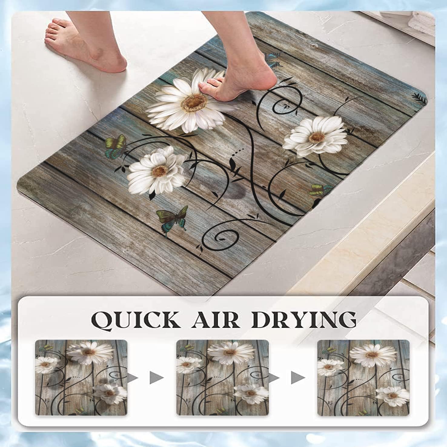 Miffrank Rustic Daisy Bathroom Rugs Grey Floral Butterfly Bath Mat, Farmhouse Absorption Non-Slip Floor Mat, Daisy Bathroom Bedroom Decor(Rectangle,27×17 inch)