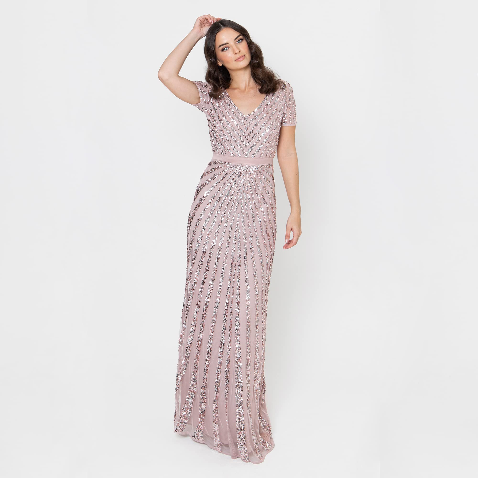 Maya Deluxe Maxi damska damska ozdobiona cekinami sukienka z długim rękawem w serek wysoka imperialna talia wycięty błyszczący bal suknia ślubna damska sukienka druhny, Frosted Pink, 52