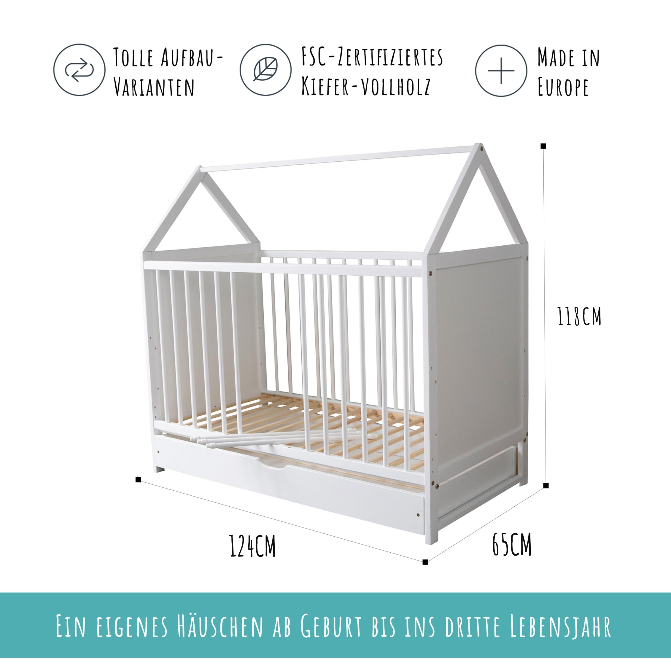 Kids Collective Babybett Beistellbett Kinderbett 60x120 cm mit Schublade & Matratze Hausbett Baby Bett 120x60 cm weiß mit Schublade, höhenverstellbar und umbaubar | von Geburt bis 3. Lebensjahr