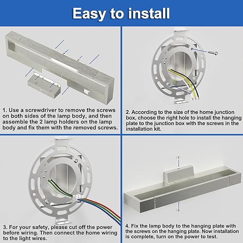Miniatura 7 de Luces de baño sobre espejo de níquel cepillado de 16.5 pulgadas, 18 W, barra de luz moderna ajustable con interruptor, blanco natural de 5000 K para