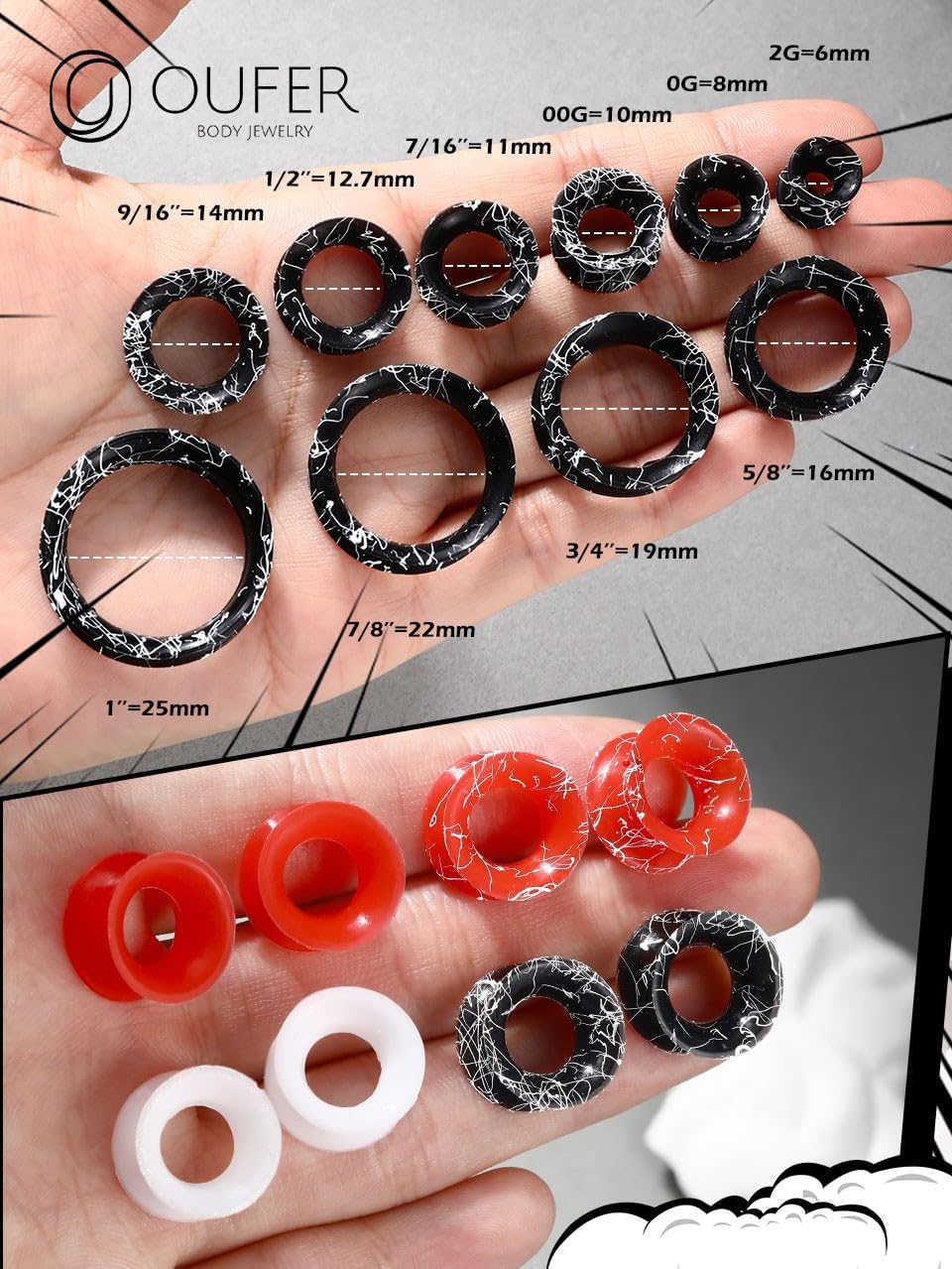 OUFER 8PCS Silicone Gauges for Ears, Flexible Ear Gauges, Stretchers Expander Ear Tunnel Plugs, Double Flared Flesh Ear Piercing Jewelry, 00 Gauges for Women Men - Image 3