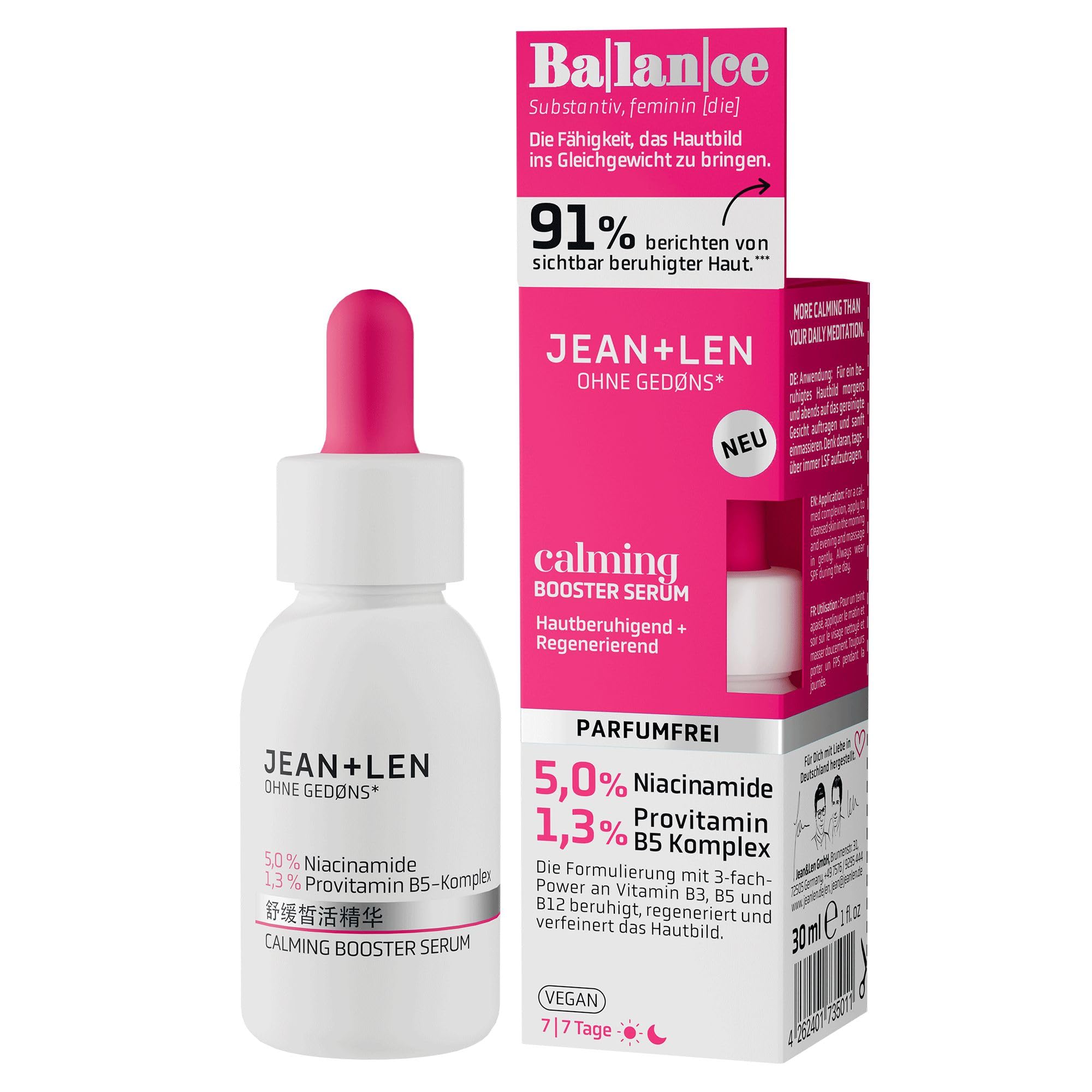 Jean & Len Calming Booster Serum, ideal für jeden Hauttyp, spendet wohltuende Feuchtigkeit, sorgt für ein ebenmäßigeres Hautbild, parfümfrei, vegan, 30 ml