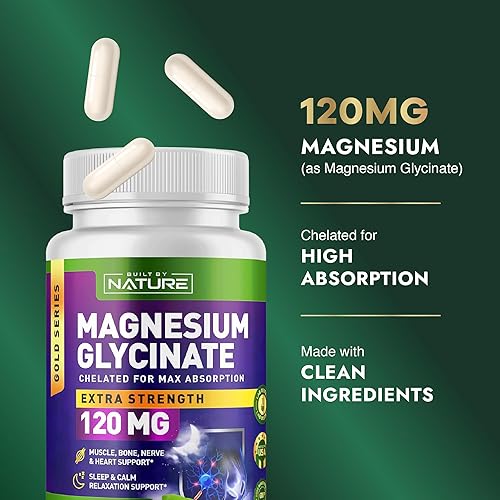 Miniatura 3 de Built By Nature Magnesium Glycinate - Chelated for High Absorption – Supplement to Support Sleep, Muscle, Heart & Nerve Health - 120 mg Magnesium