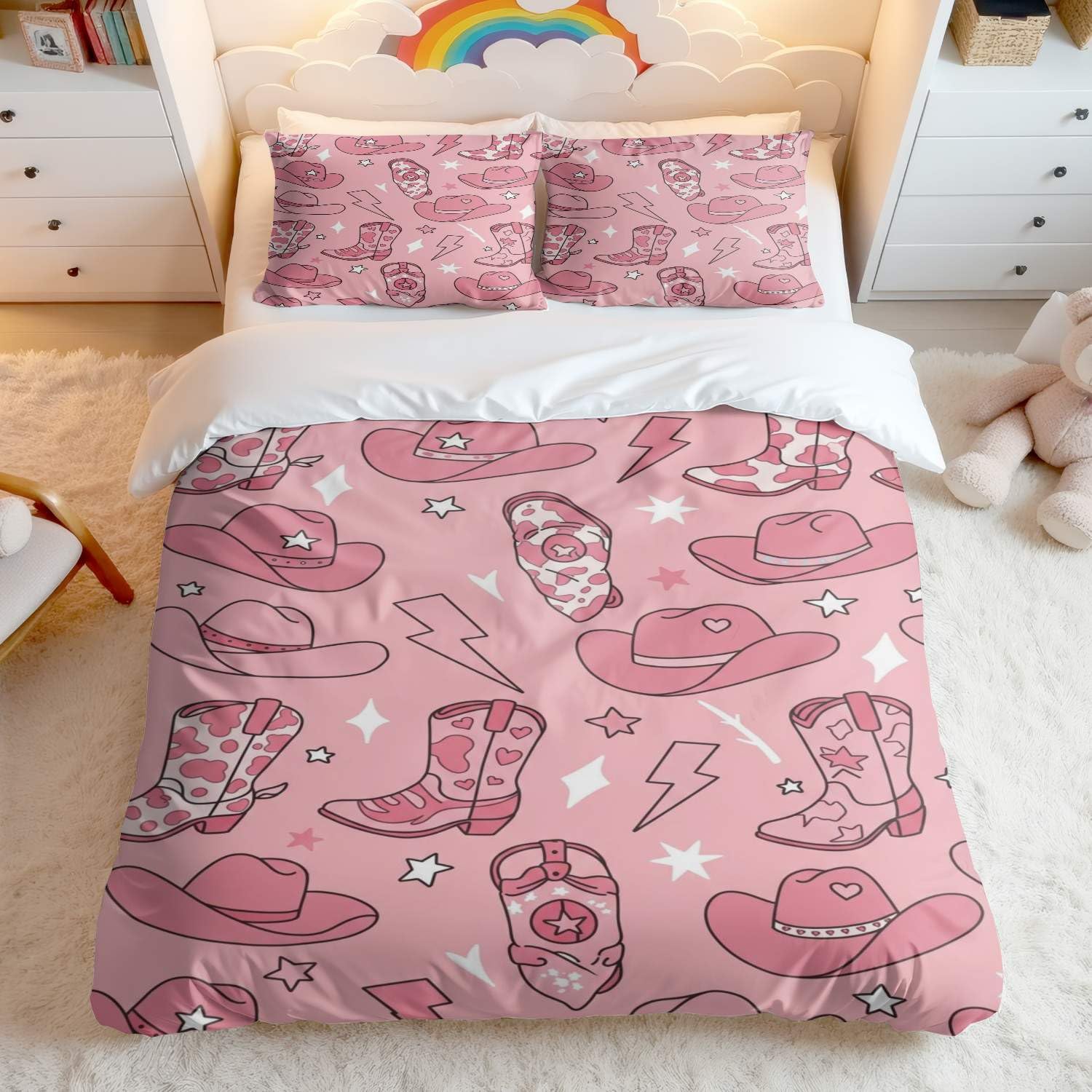 Housse de couette rose 3 pièces style pop art cowboy mignon avec taies 50x75
