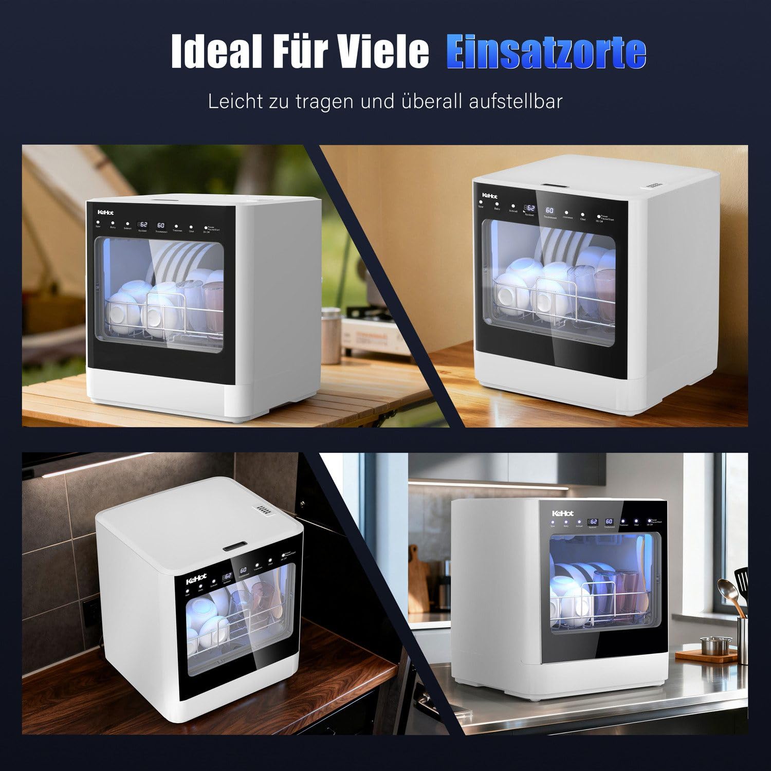 Tischgeschirrspüler, Tragbarer Geschirrspüler mit Wasseranschluss, 4 Programme, Spült bis zu 6-8 Teller, Heißluft-Trocknung & Antibakterialspeicher, LED Touch, Kompakt für Wohnung, Wohnmobil & Camping