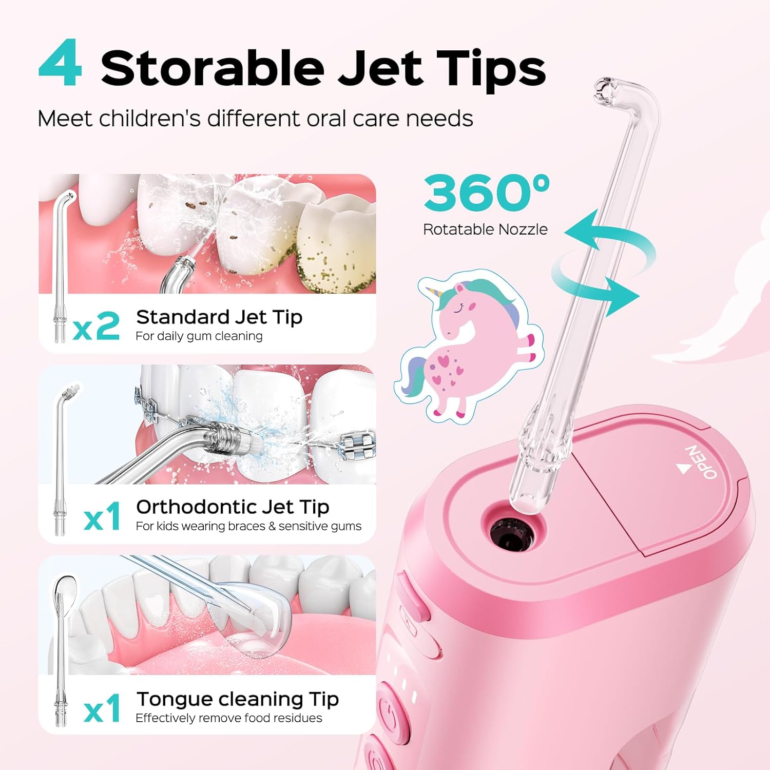 COSLUS T40 Portable Water Flosser for Kids: 4 Gentle Modes for Ages 6+, Braces & Sensitive Teeth - with Fun DIY Stickers, 4 Storable Nozzles, Mini Compact for Home School & Travel, BPA-Free, Pink