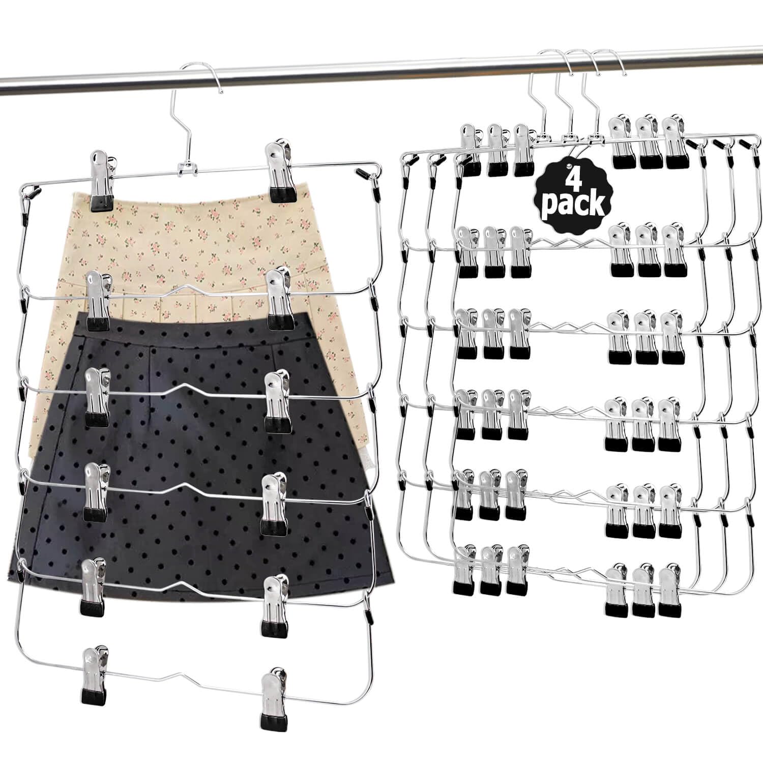 Perchas para faldas y pantalones con clips, perchas de 6 niveles para faldas que ahorran espacio, metal, organizador de armario antideslizante y almacenamiento para múltiples prendas y pantalones