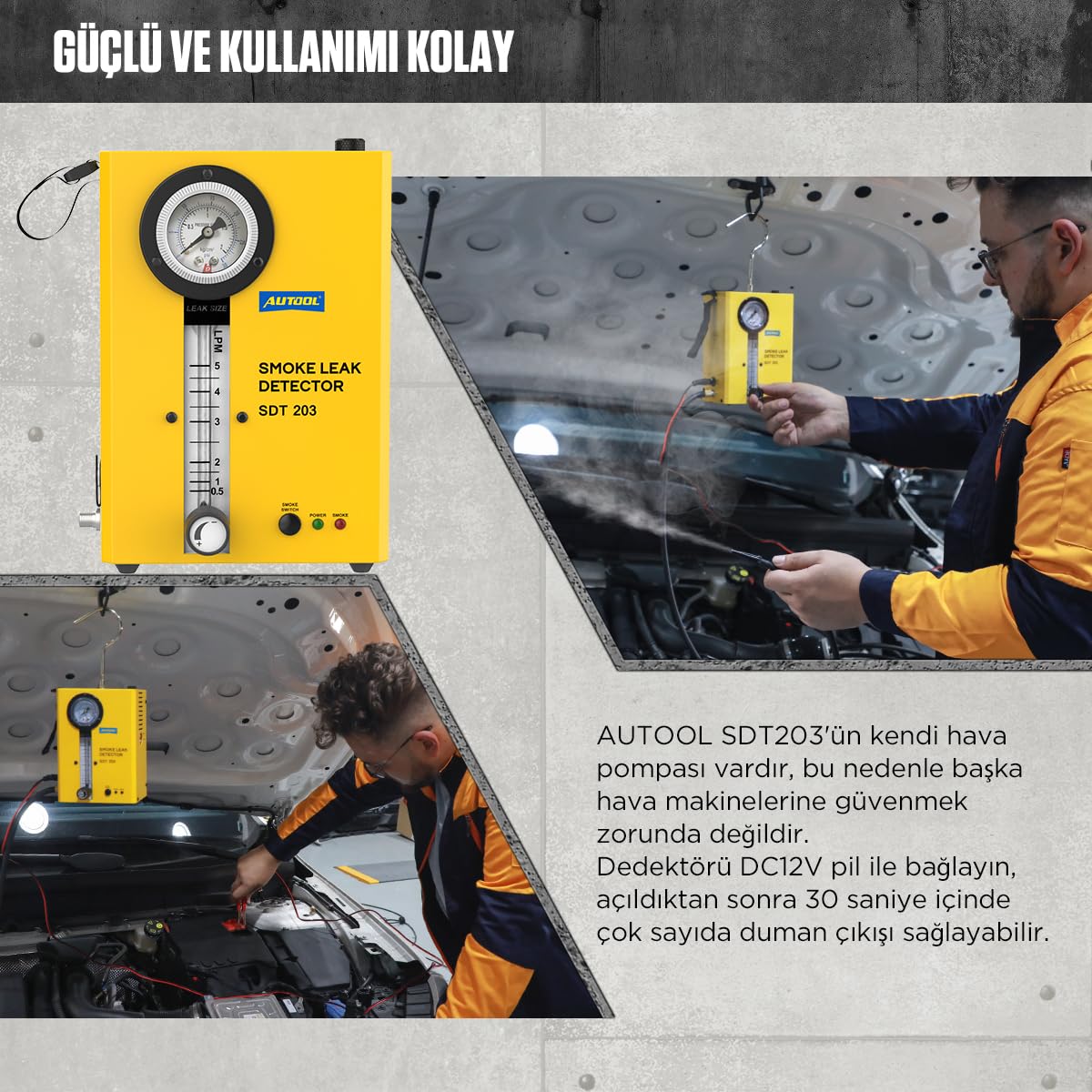 AUTOOL SDT203 Machine à Fumée Automobile, Système EVAP Détecteur de Fuite de Fumée avec Pompe à Air/Indicateur de Débit/Manomètre pour Véhicules DC12V