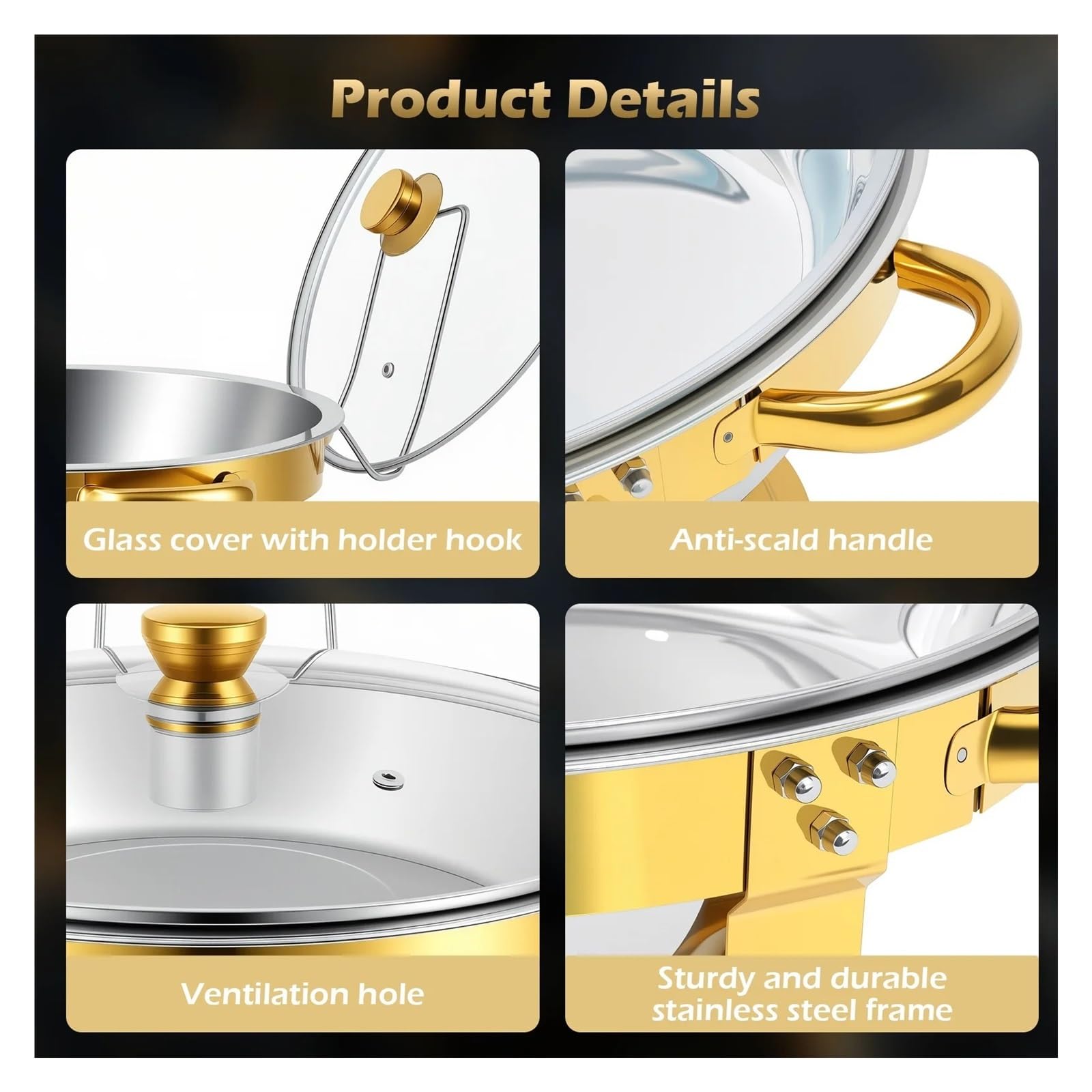 Set Scaldavivande Rotondo for Buffet, Professionale in Acciaio Inox 316 Semilucido Oro for Feste, E Matrimoni Calore A Lunga Durata(4 Pack)