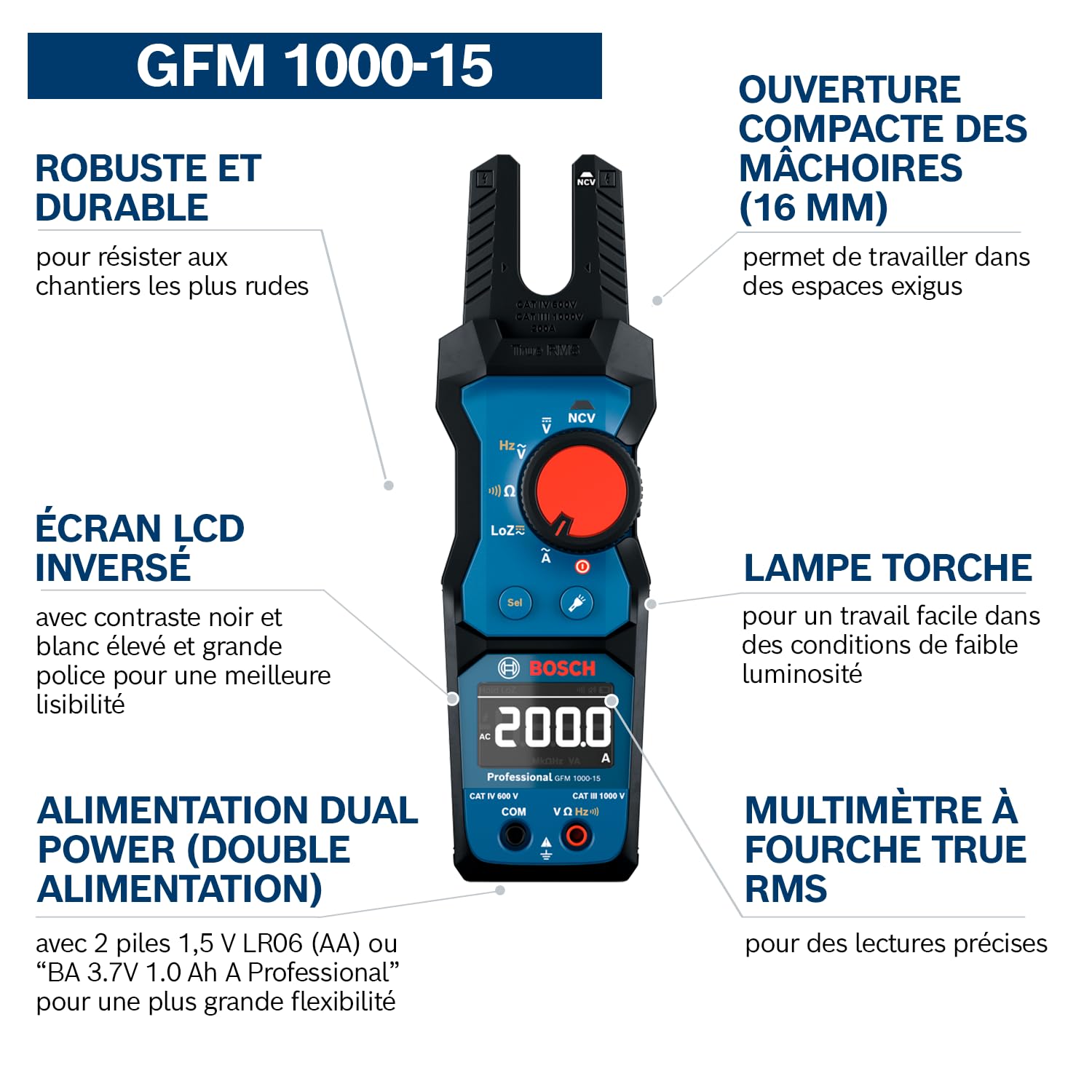 Bosch Professional Pince ampèremétrique GFM 1000-15 (True RMS, LCD inversé, mesure jusqu’à 200 A AC, détecteur de tension sans contact, compatible avec le support magnétique MH 1, 2 x 1,5 V LR06 (AA))