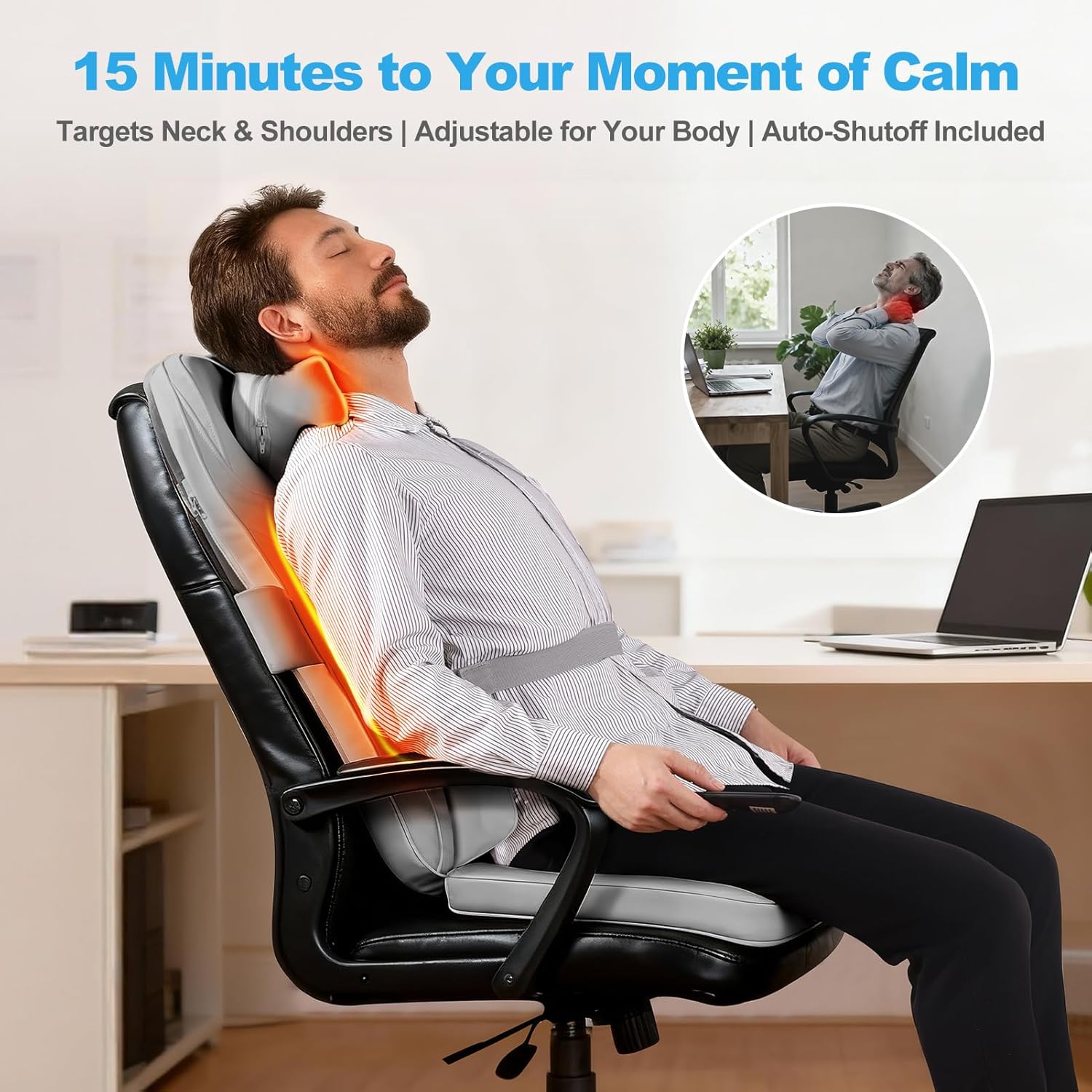 Shiatsu Neck and Back Massager with Heat - 3D Kneading & Vibration Full-Back Massage Cushion to Ease Muscle Stiffness, Adjustable Intensity & Height for Office Chair, Home Use (Grey)