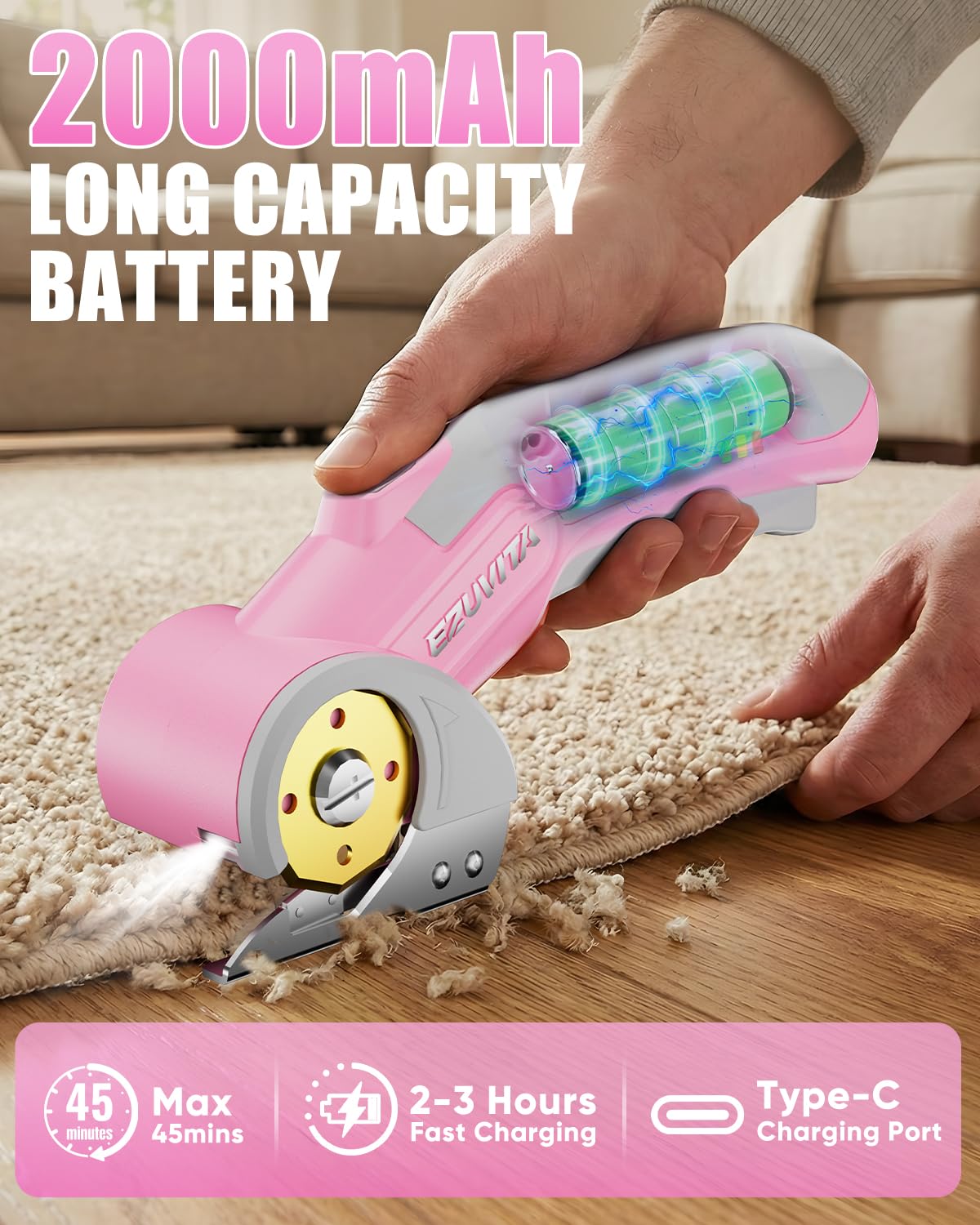 Ciseaux Électriques sans Fil 4V avec Lumière LED, Ciseaux Électriques avec Clé, Sac de Rangement et Lame de Rechange Revêtue de Titane pour Tissu, Cuir, Tapis et Plastique (Rose)