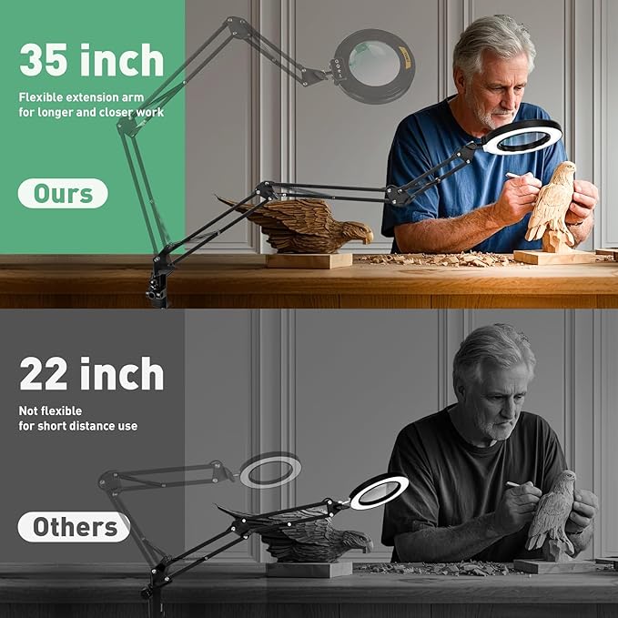 KMDES 12X Magnifying Glass with Light, Ultra Long 3 Section Swing Arm LED Desk Lamp with Large Clamp, 5 Color and Brightness Hands Free Magnifier Light and Stand for Workbench Crafts Reading Painting photo 2