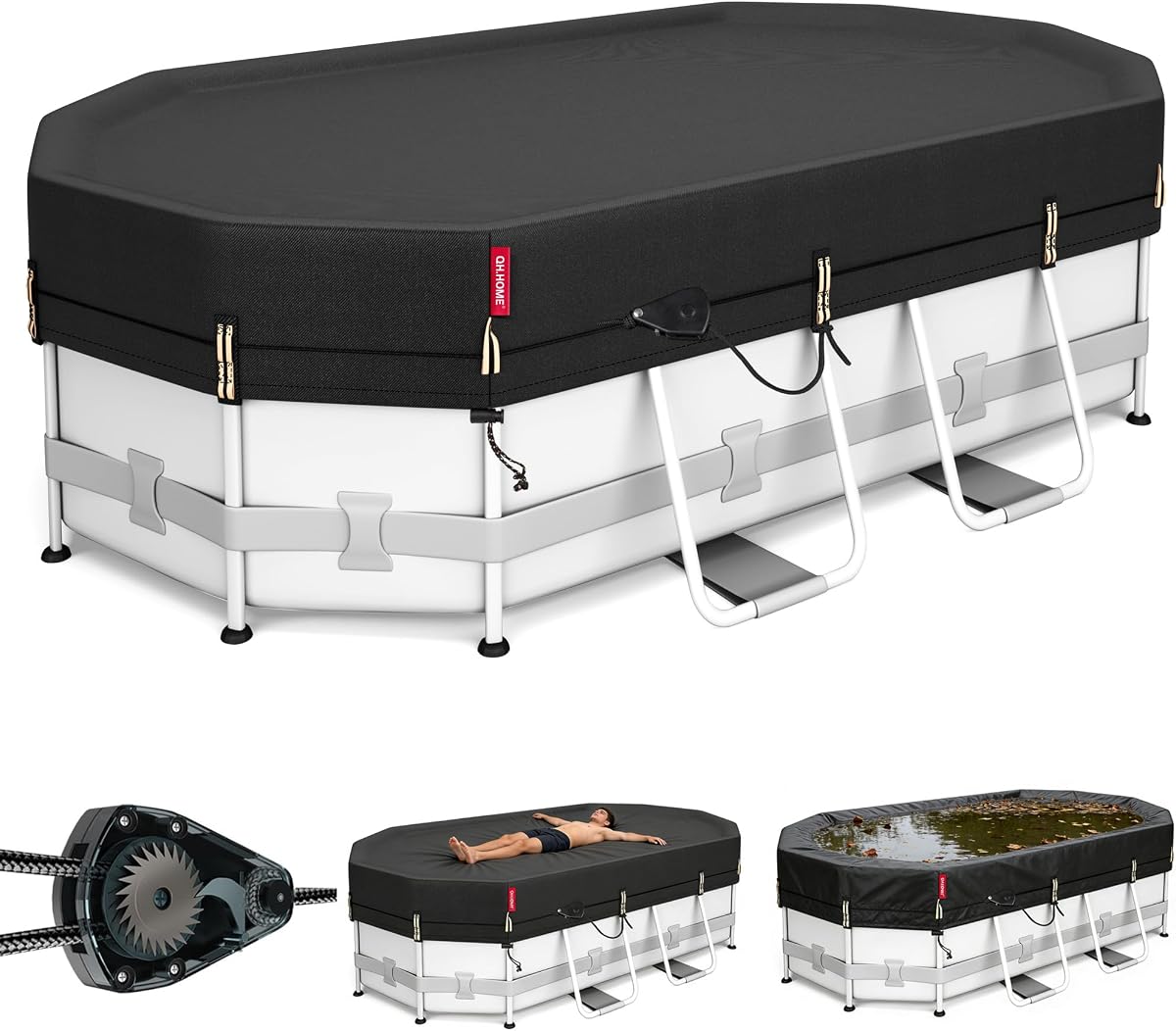 QH.HOME 10x16ft Winter Oval Pool Cover,Ratchet Windproof&Heavy Duty Fabric | Snug Fit Weight Rings&Drawstring Design,Tear Resistant,Blocks Leaves &Waterproof,Outdoor Above Ground Pools Protection