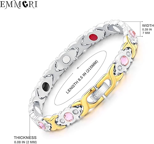 Miniatura 8 de Pulsera magnética ultra resistente para mujer, 3,500 gauss por imán, pulsera de cristal, longitud ajustable, pulseras magnéticas (oro rosa)